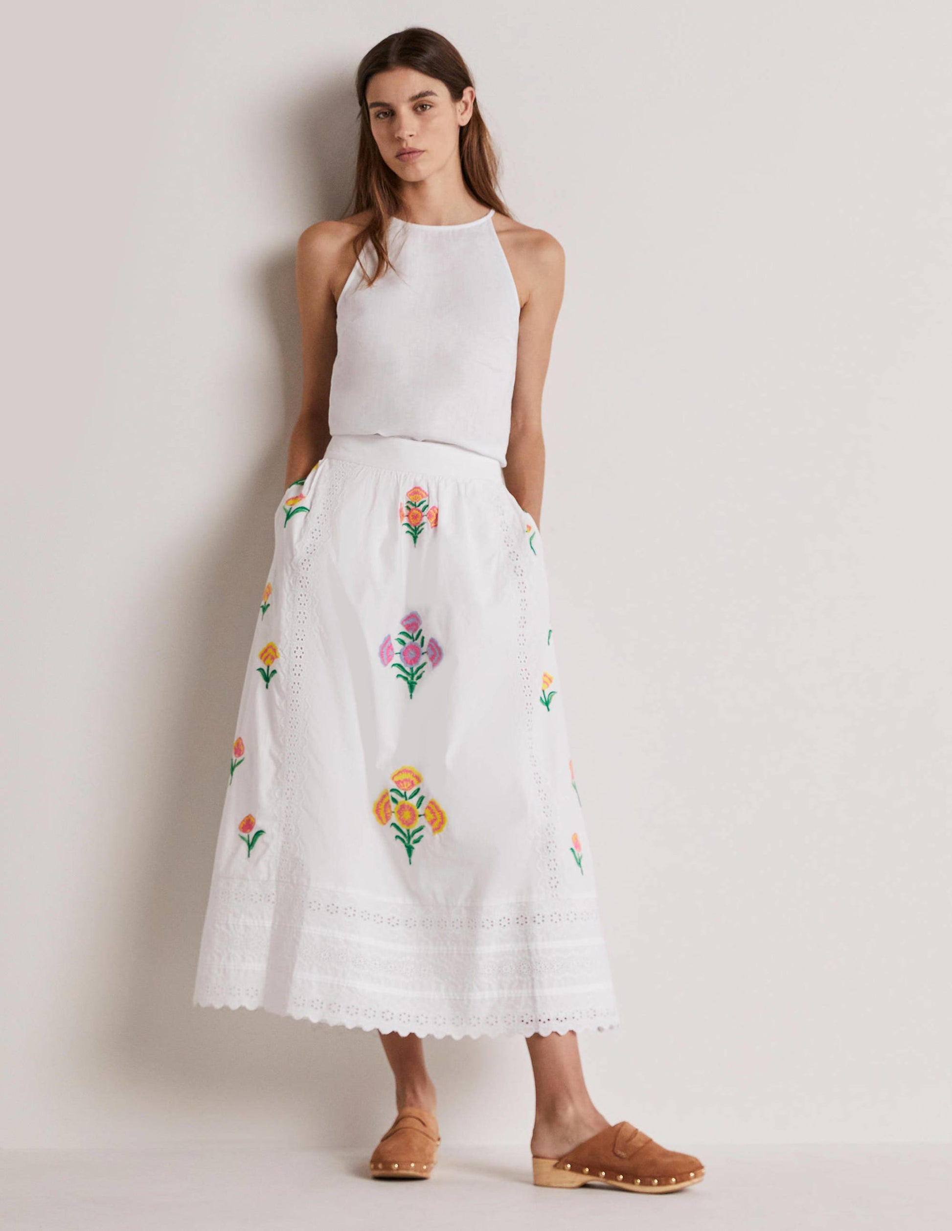 Embroidered Full Midi Skirt-White, Embroidered-1