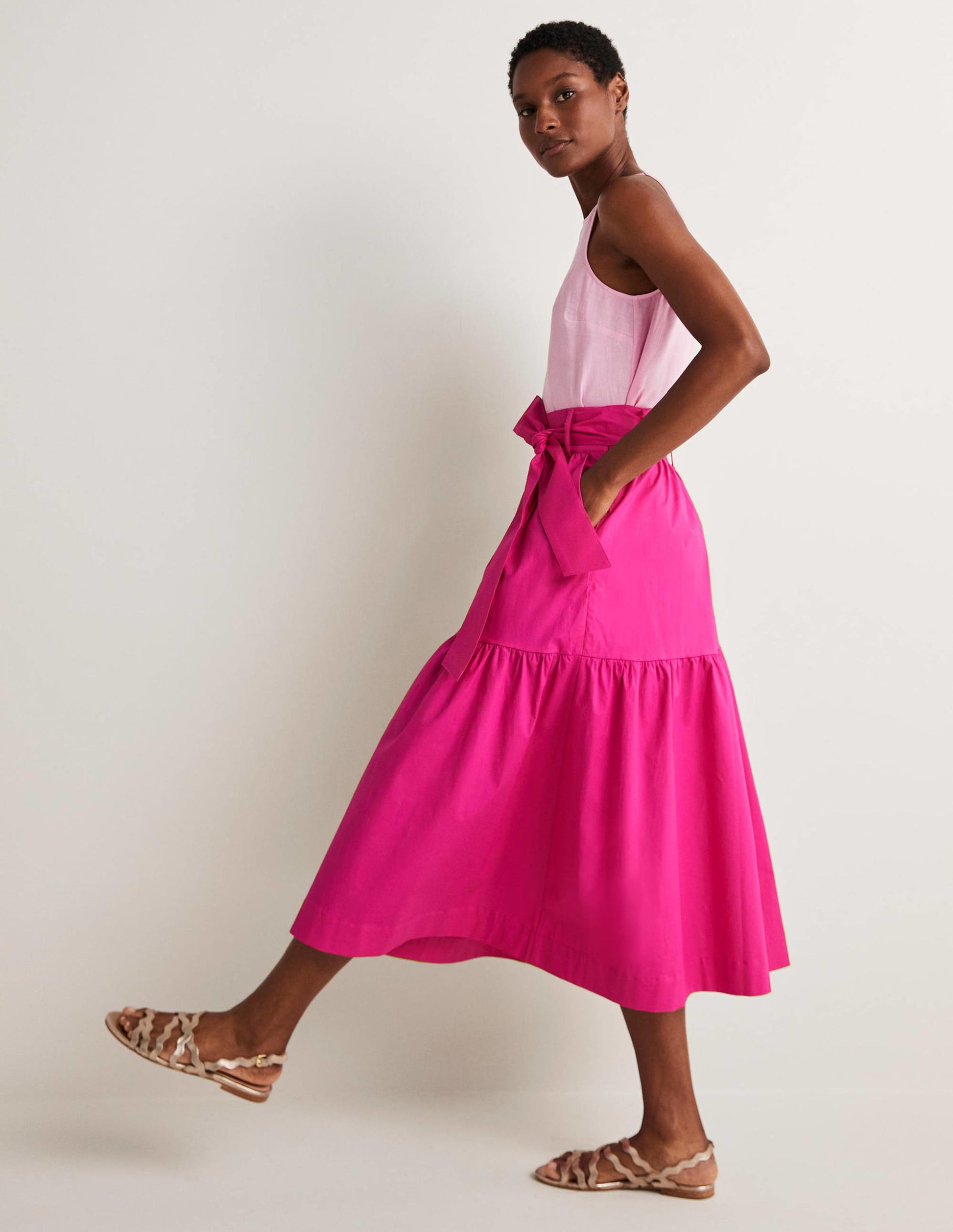 Tiered Belted Midi Skirt-Wild Watermelon Pink-9