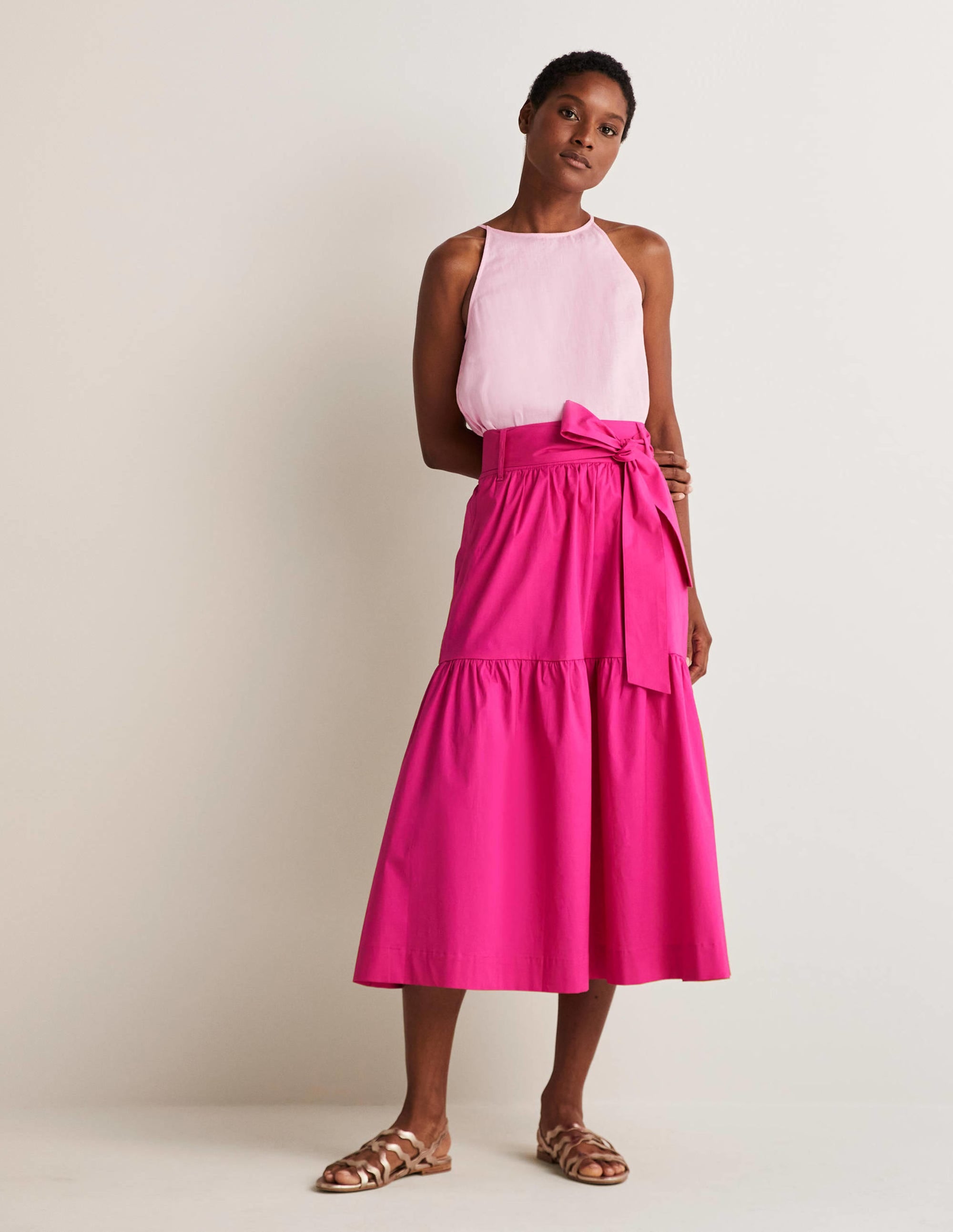 Tiered Belted Midi Skirt-Wild Watermelon Pink - Image 1