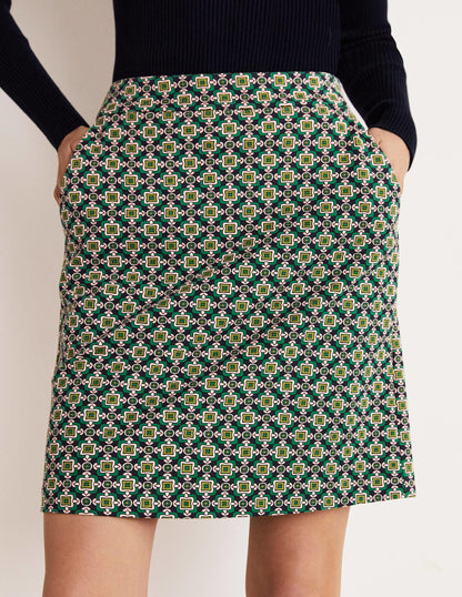 Mini-jupe trapèze en point de Rome-Vert clairière ombragée, motif géométrique carré-9