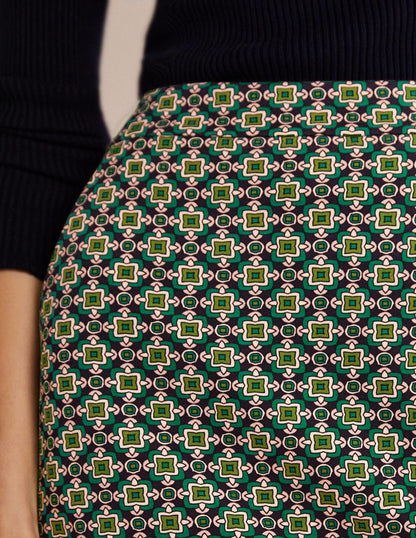 Mini-jupe trapèze en point de Rome-Vert clairière ombragée, motif géométrique carré-2