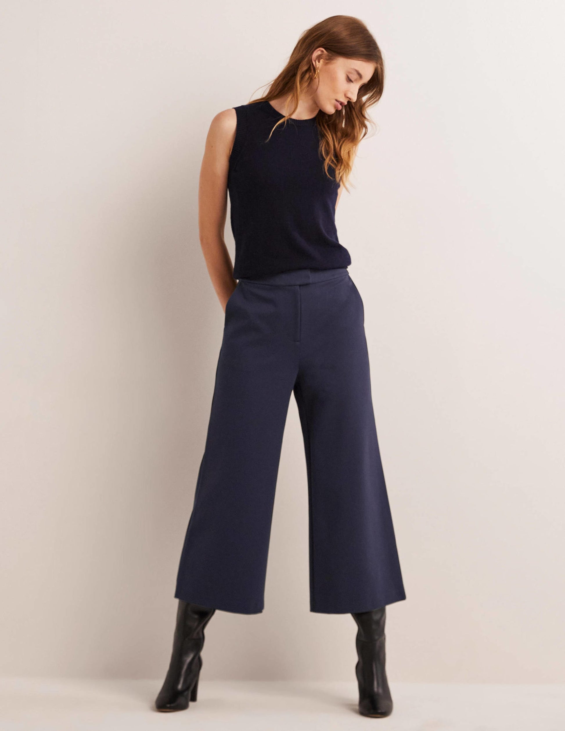 Jersey Wide Leg Culottes-Navy-1