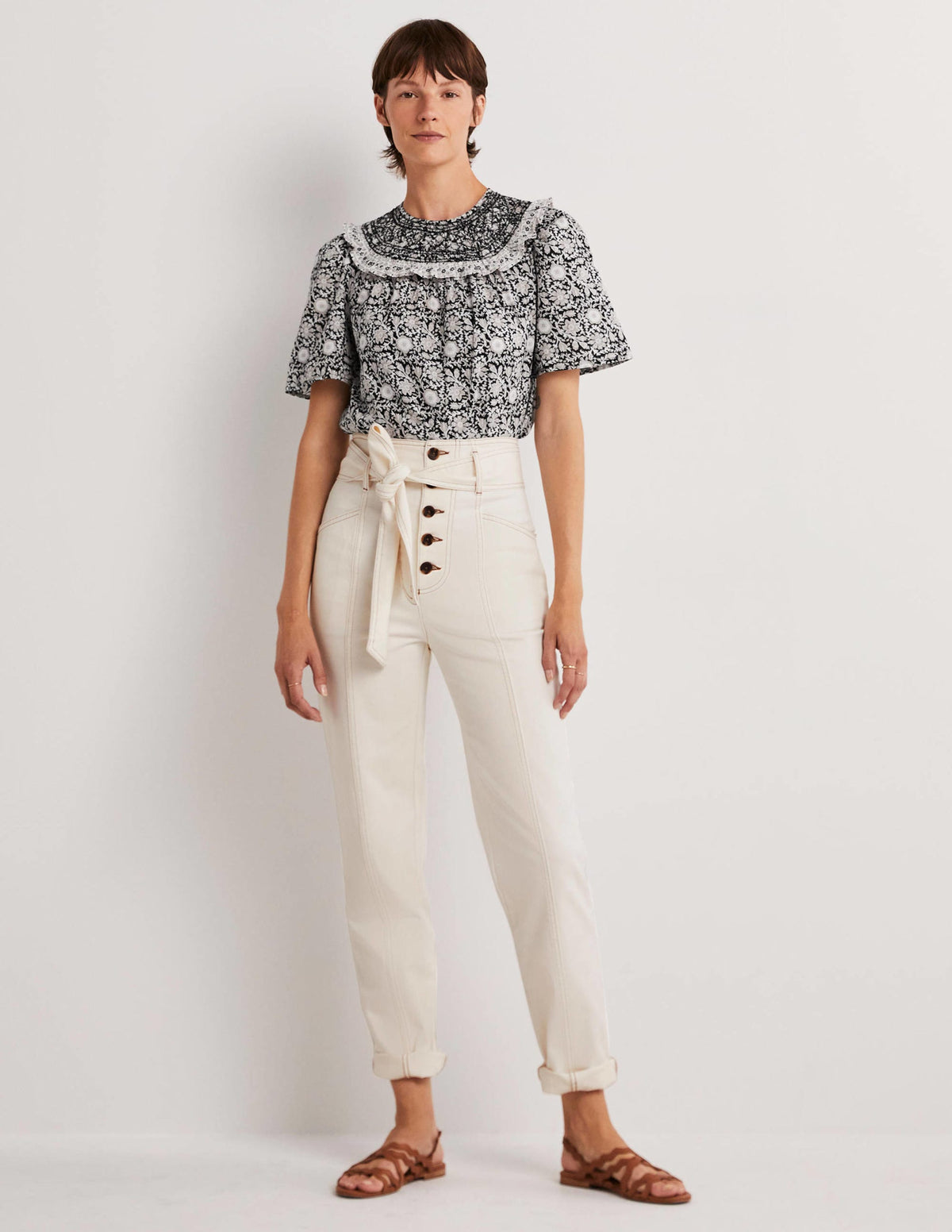 Belted High Rise Jeans-Ecru - Image 1
