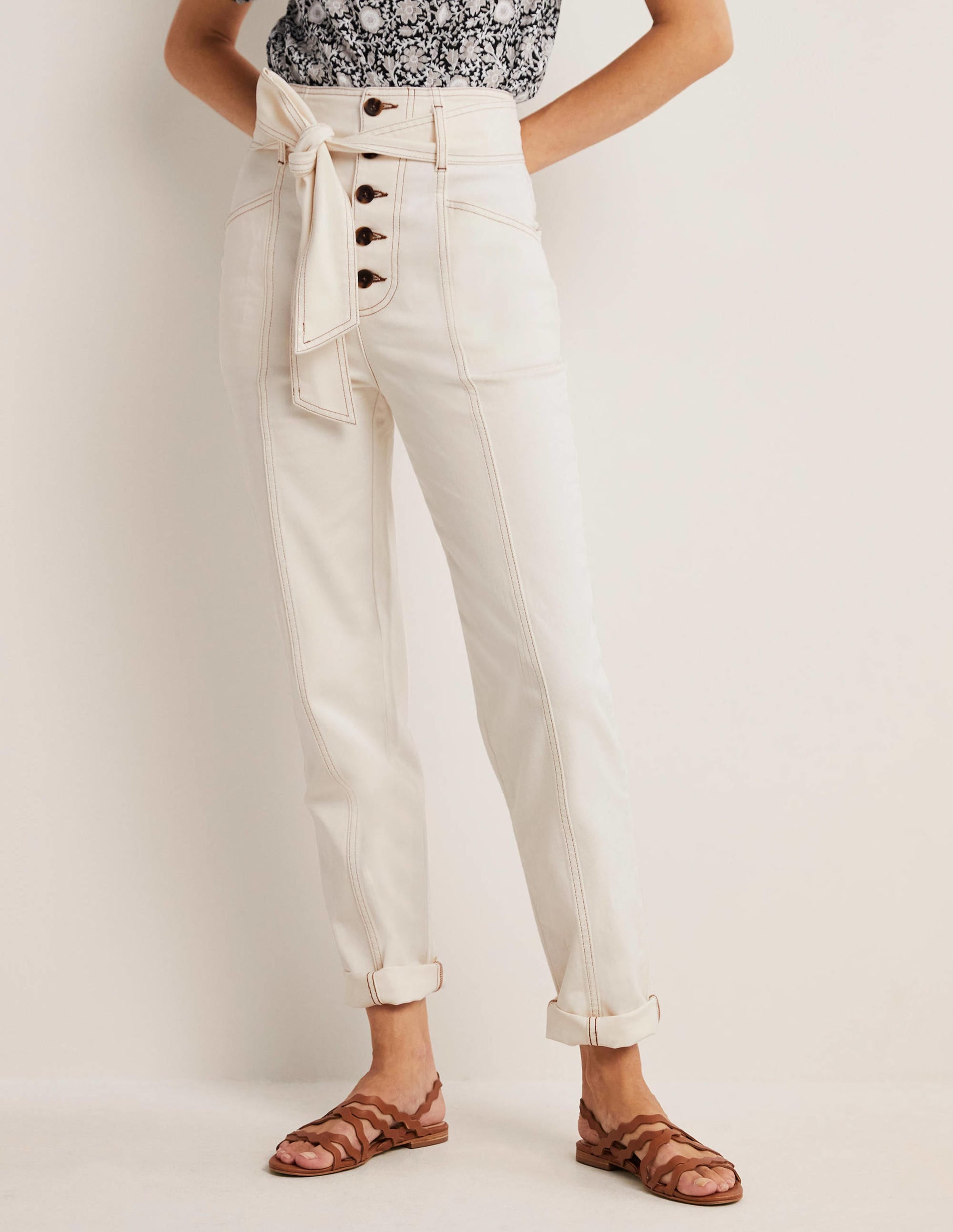 Belted High Rise Jeans-Ecru - Image 4