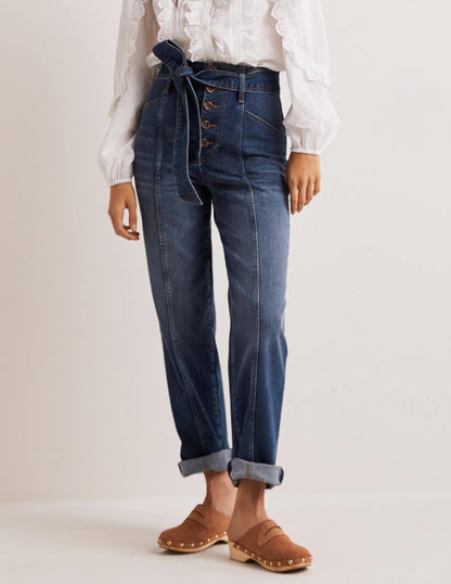 Hoch geschnittene Jeans mit Gürtel-Mittleres Vintageblau