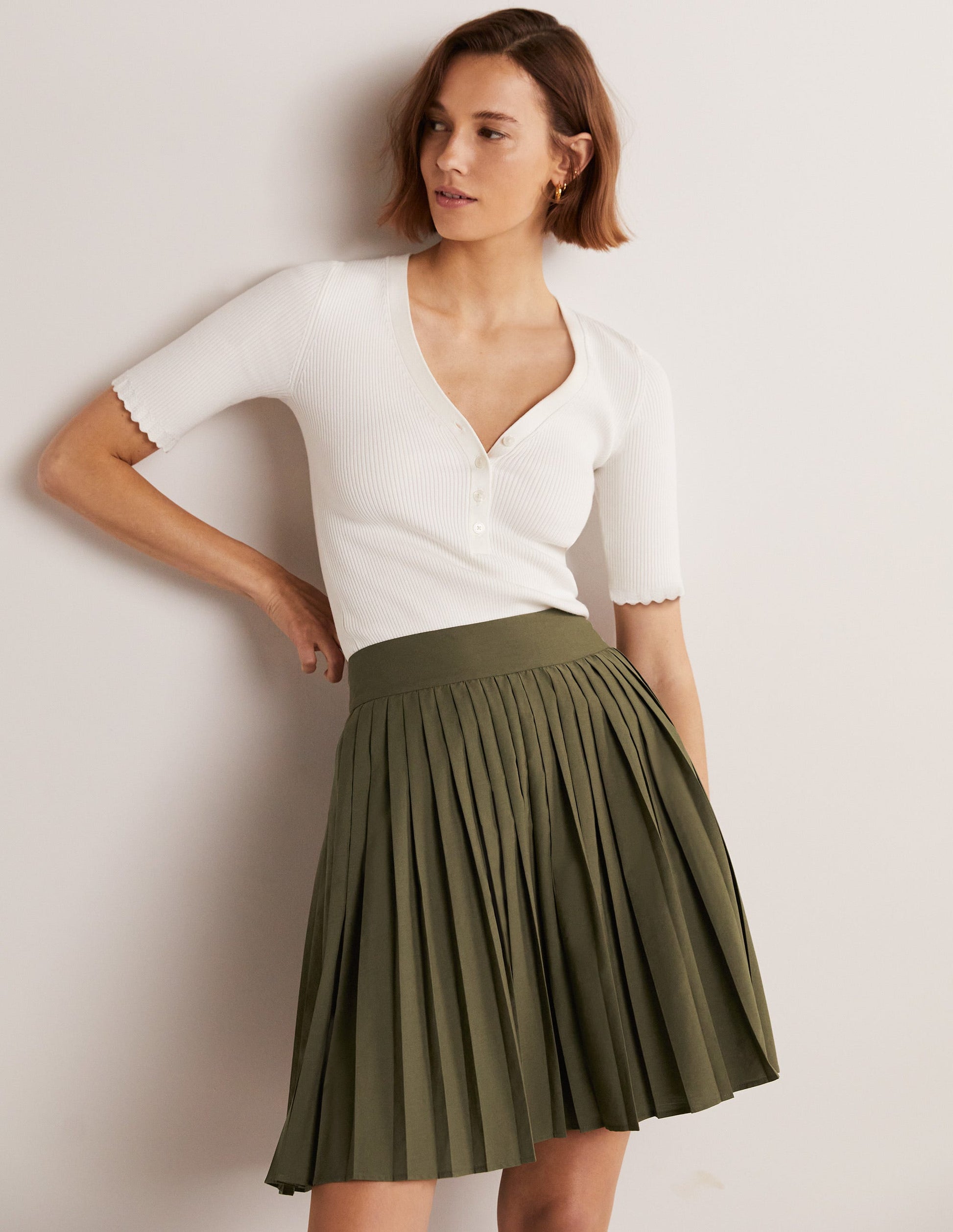 Pleated Cotton Mini Skirt-Oregano Green-1