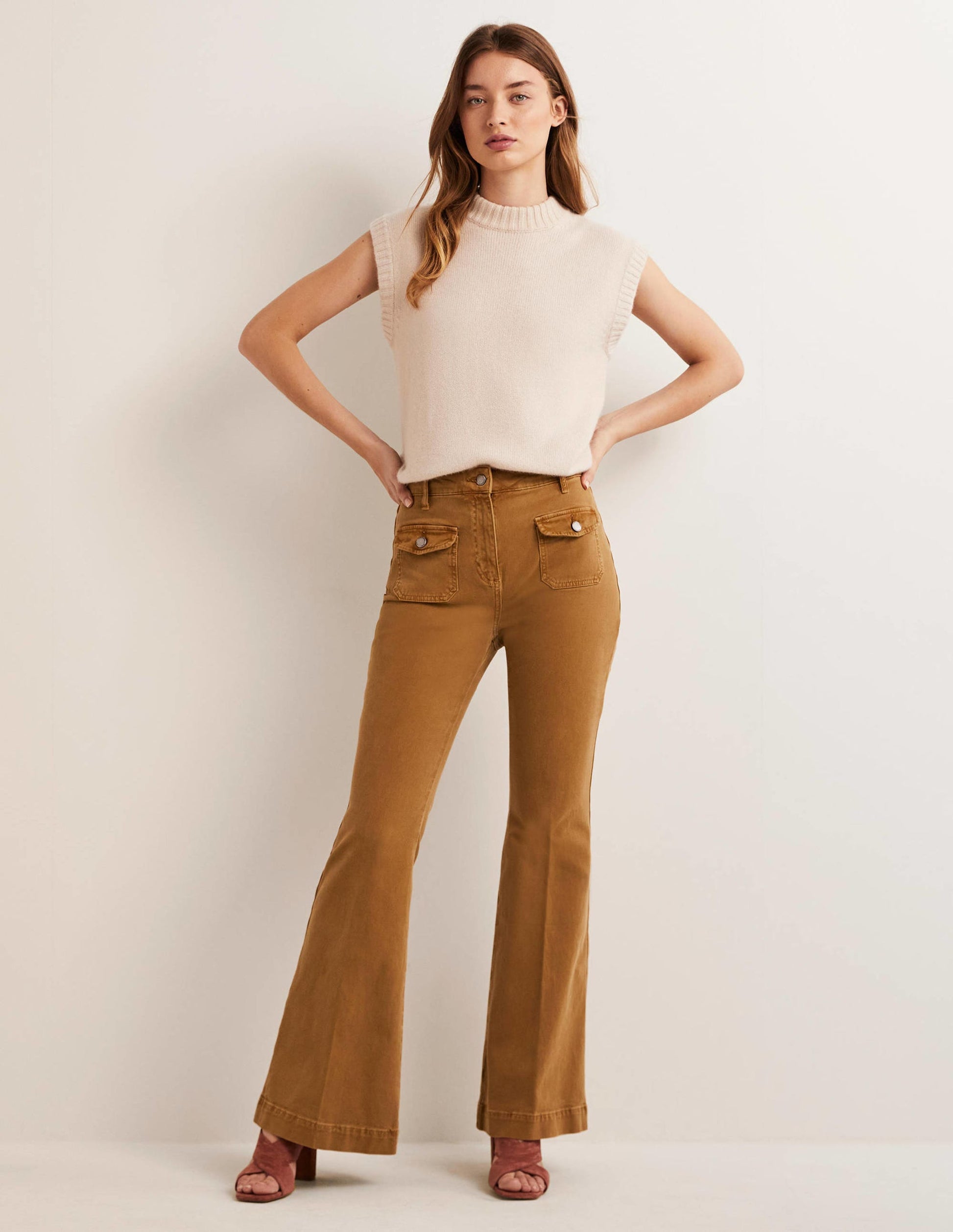 Ausgestellte Hose mit hoher Taille-Karamellbonbonbraun-1