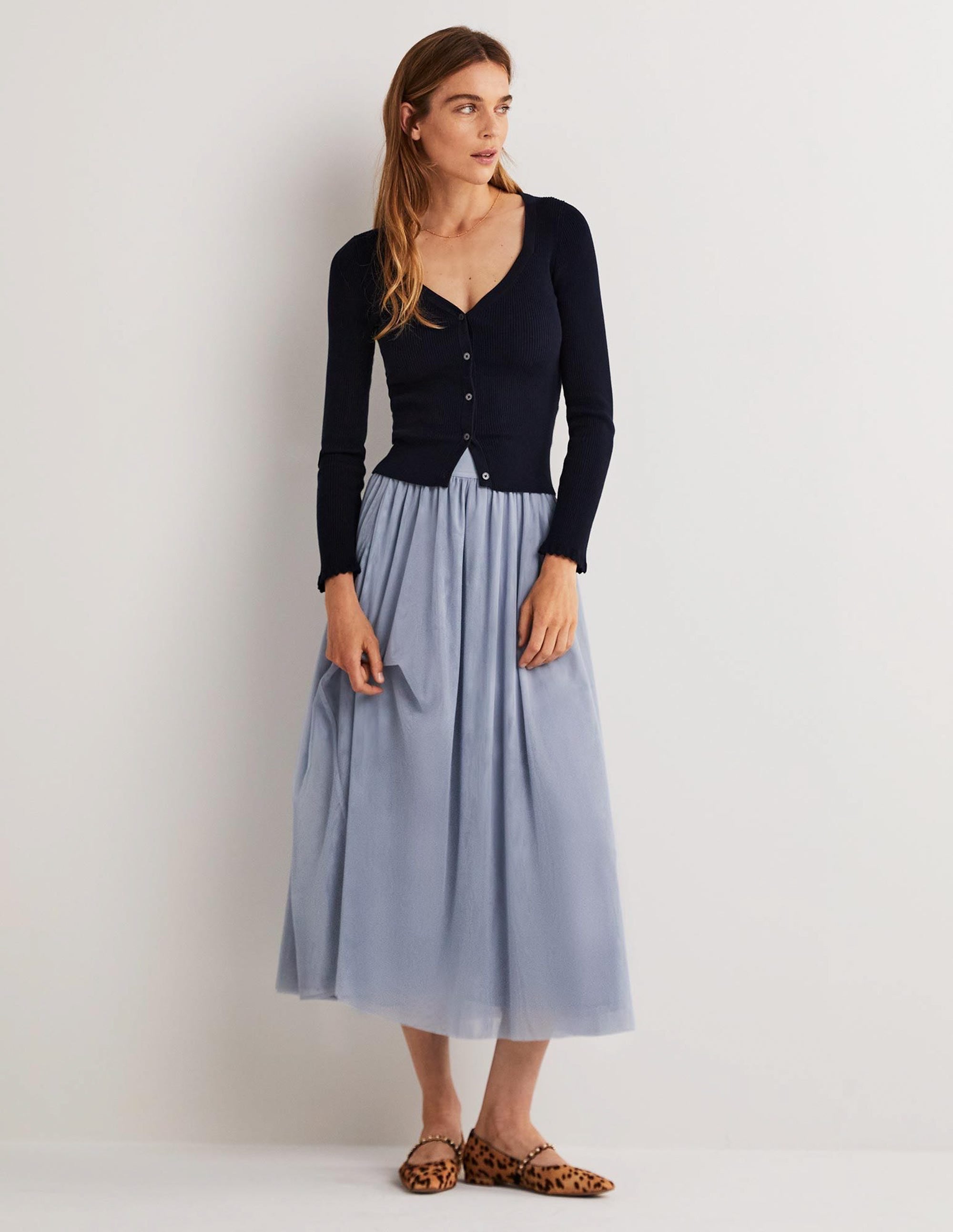 Jupe midi corolle en tulle-Bleu poudré - Image 1