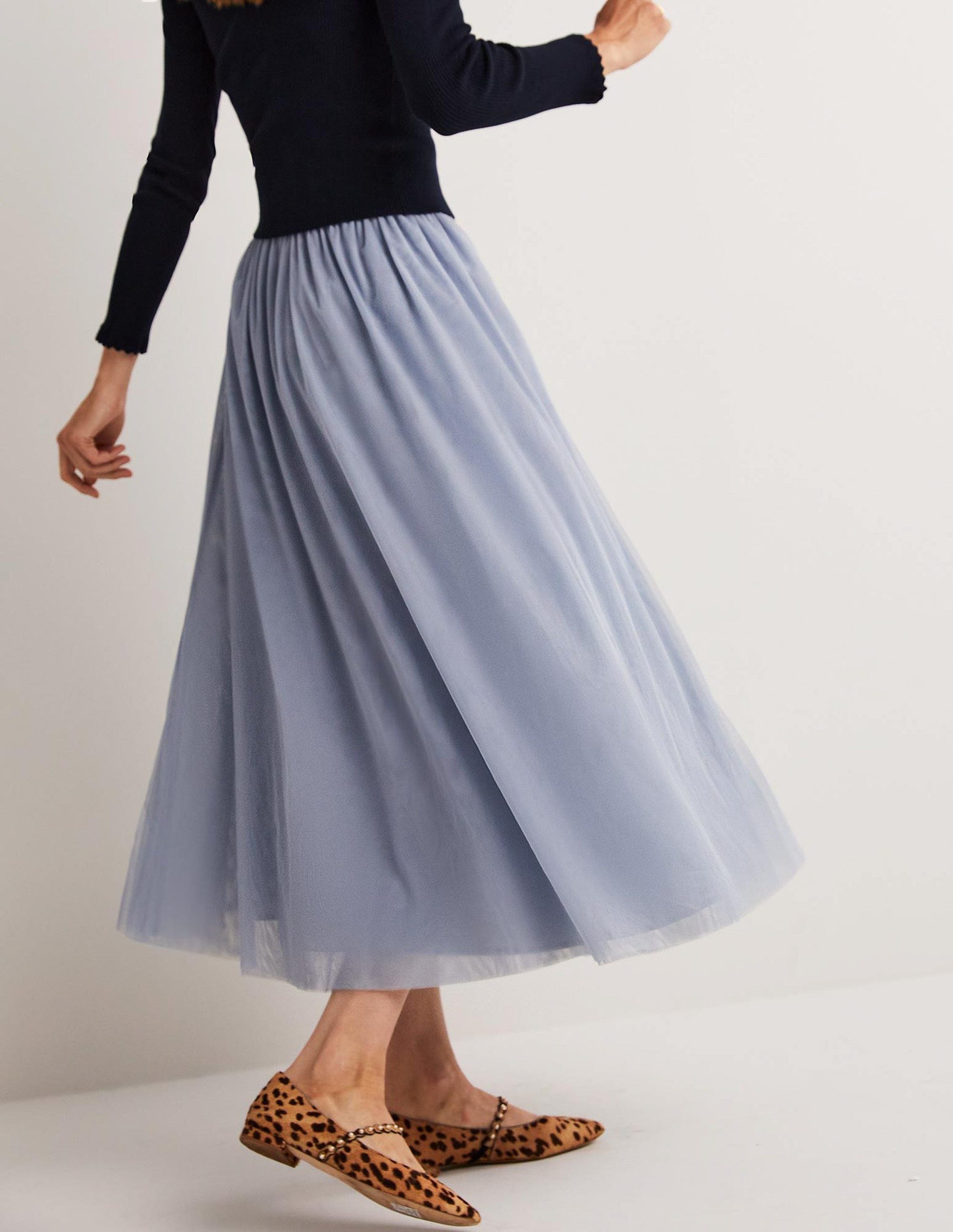 Jupe midi corolle en tulle-Bleu poudré-3