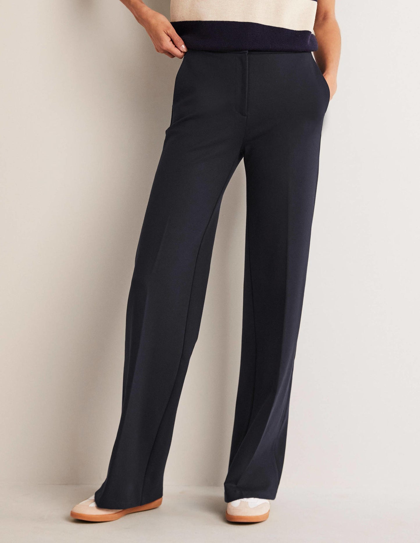 Pantalon Westbourne en point de Rome-Bleu Marine, Petits Pois