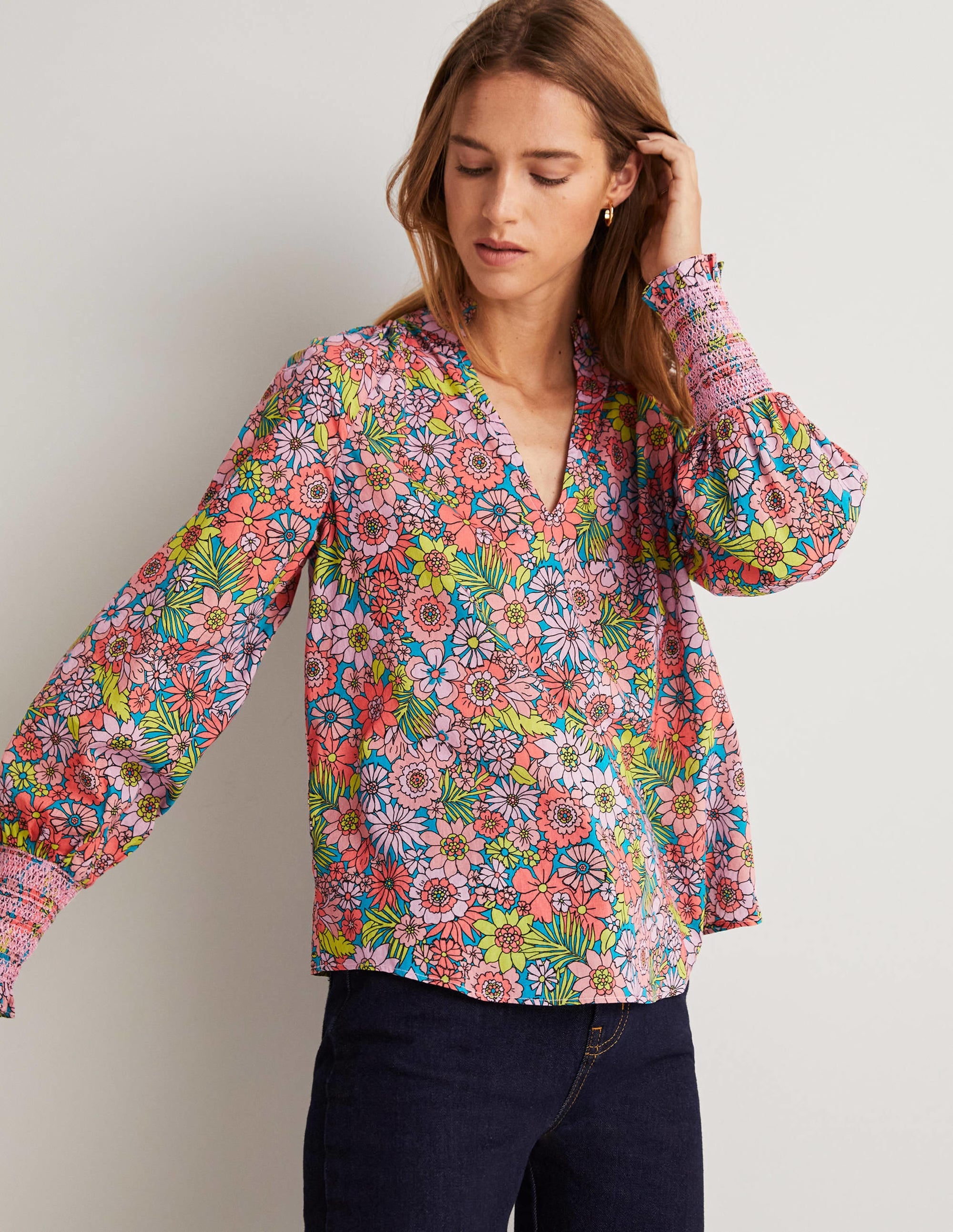 Top imprimé avec poignets à smocks-Rose bonbon, motif Bloom Garden - Image 8