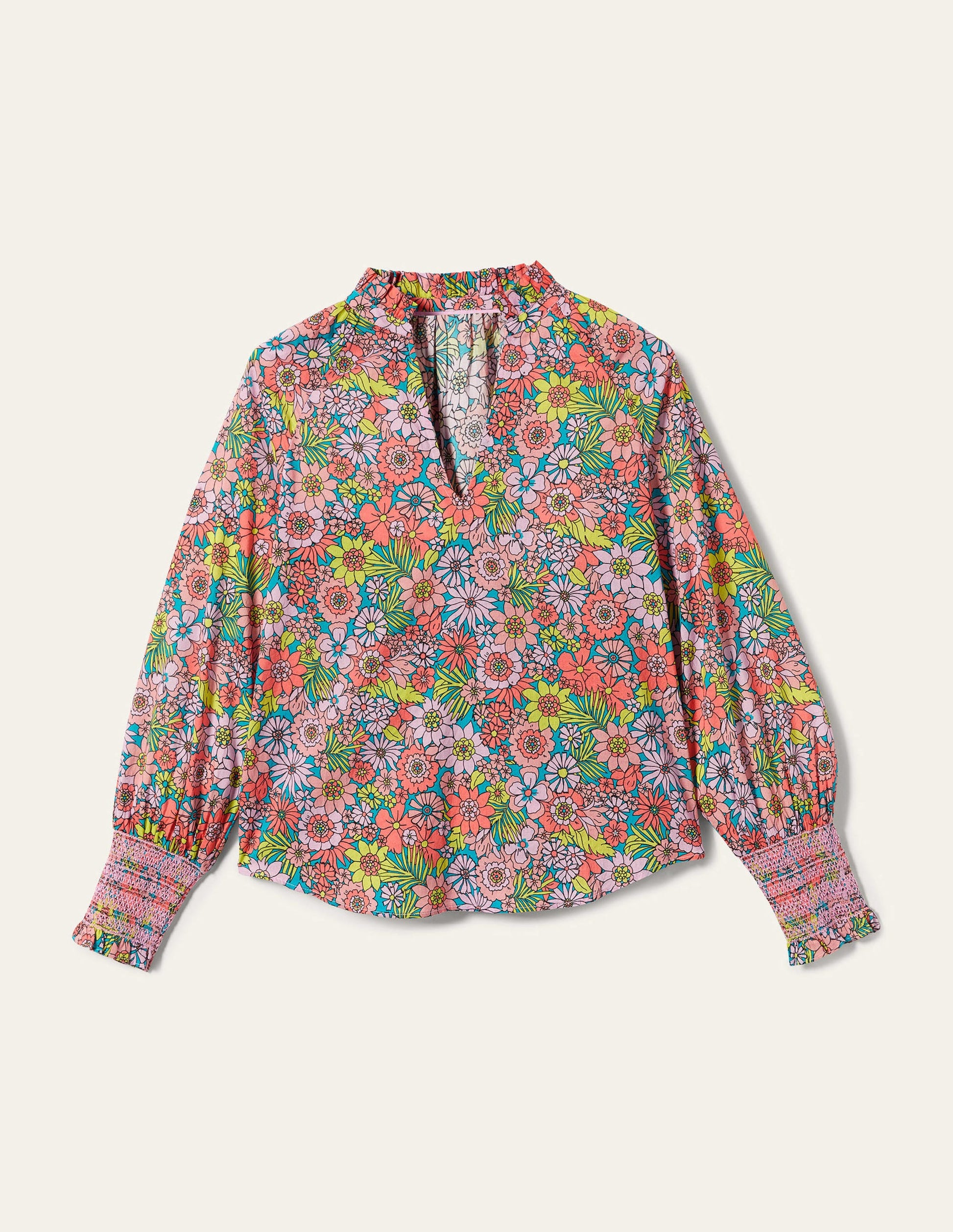 Top imprimé avec poignets à smocks-Rose bonbon, motif Bloom Garden-9