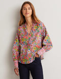 Top imprimé avec poignets à smocks-Rose bonbon, motif Bloom Garden