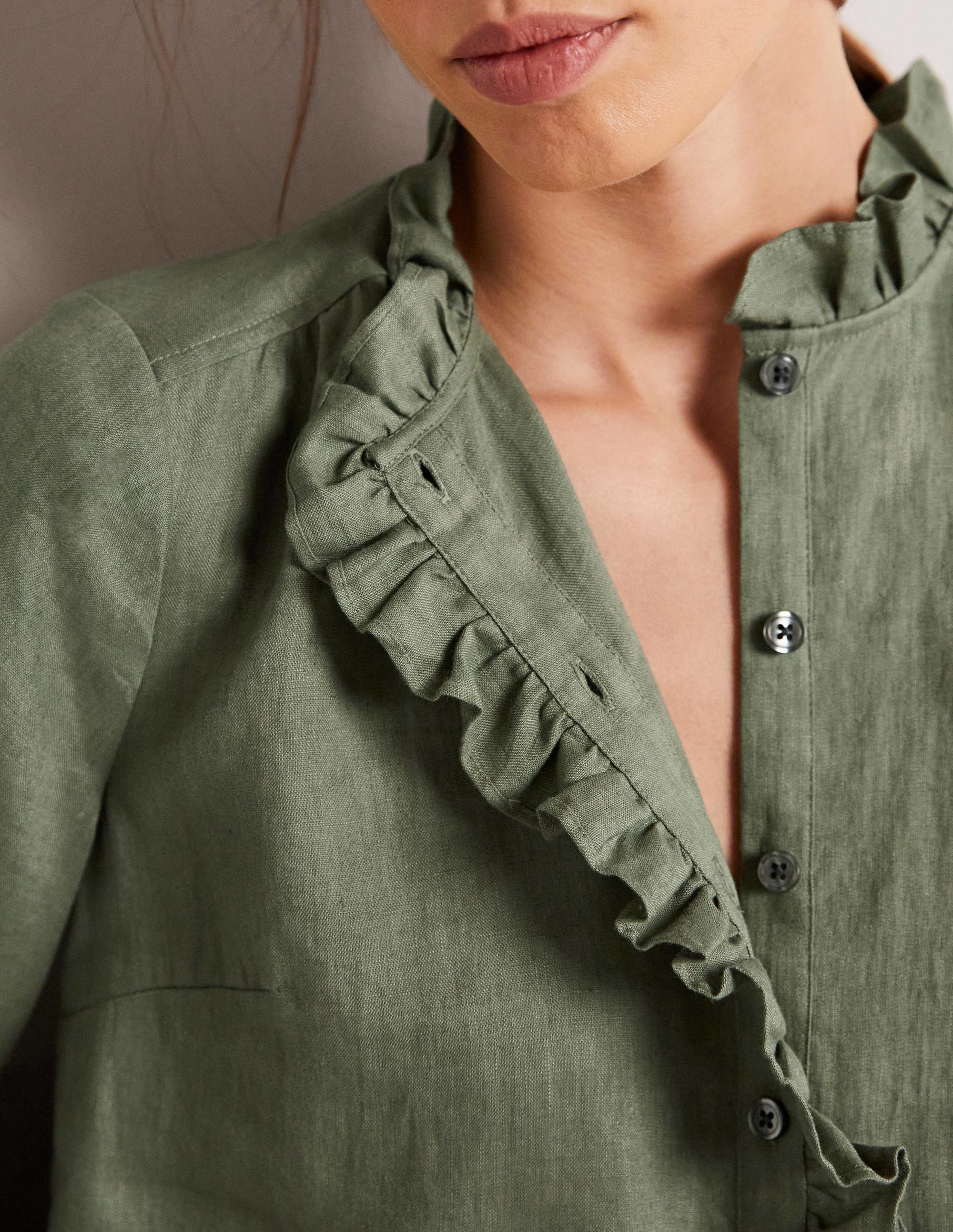 Ruffle Linen Popover Blouse-Alder Green - Image 8