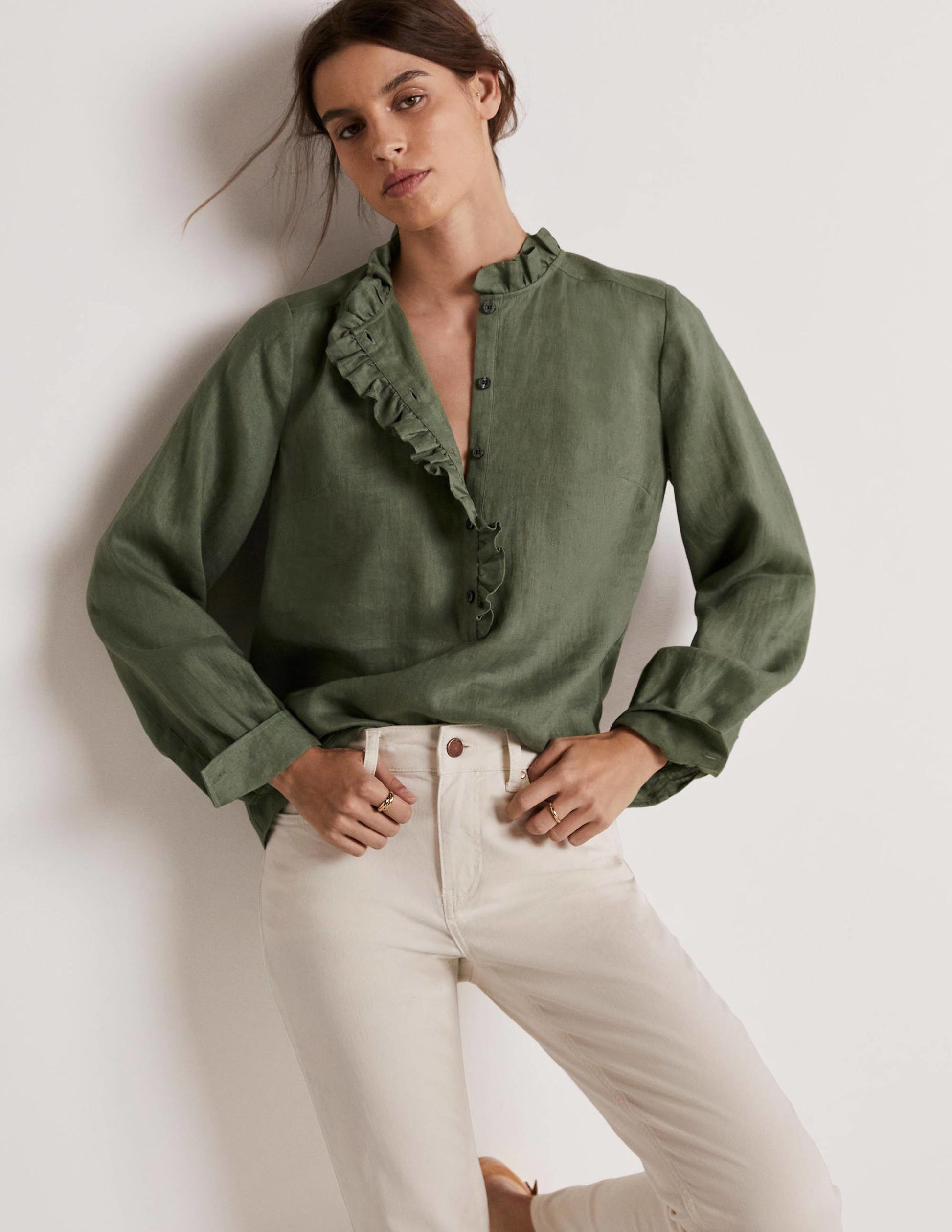 Ruffle Linen Popover Blouse-Alder Green-1