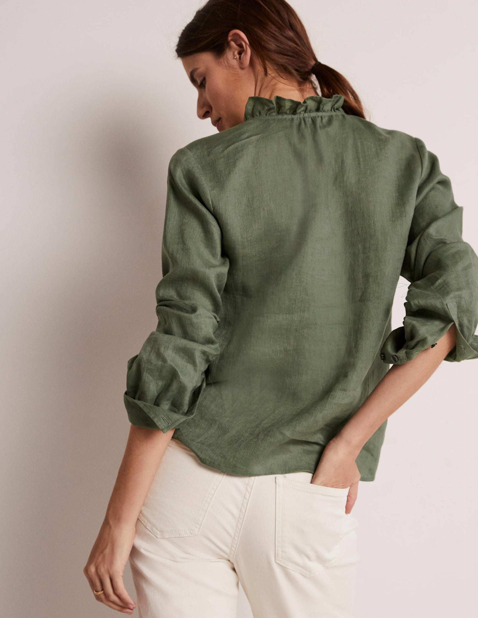 Ruffle Linen Popover Blouse-Alder Green-3