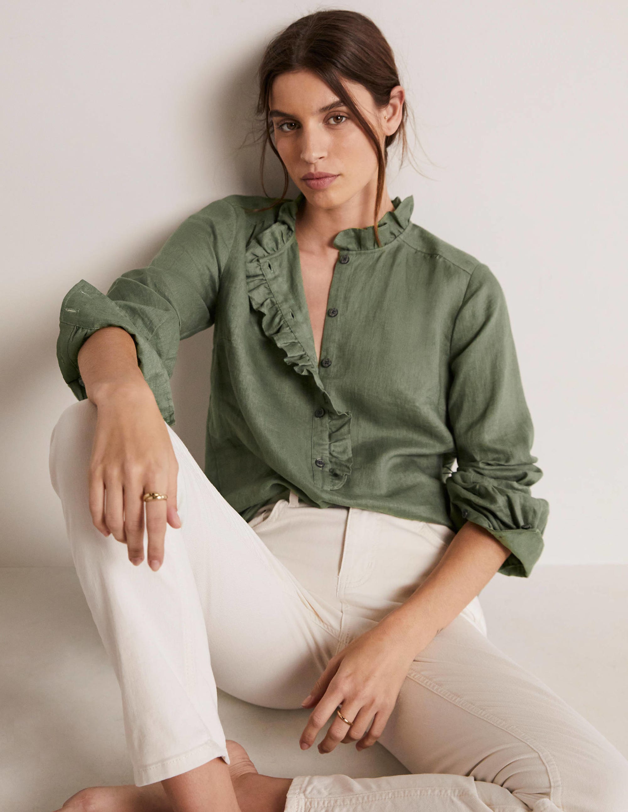 Ruffle Linen Popover Blouse-Alder Green - Image 4