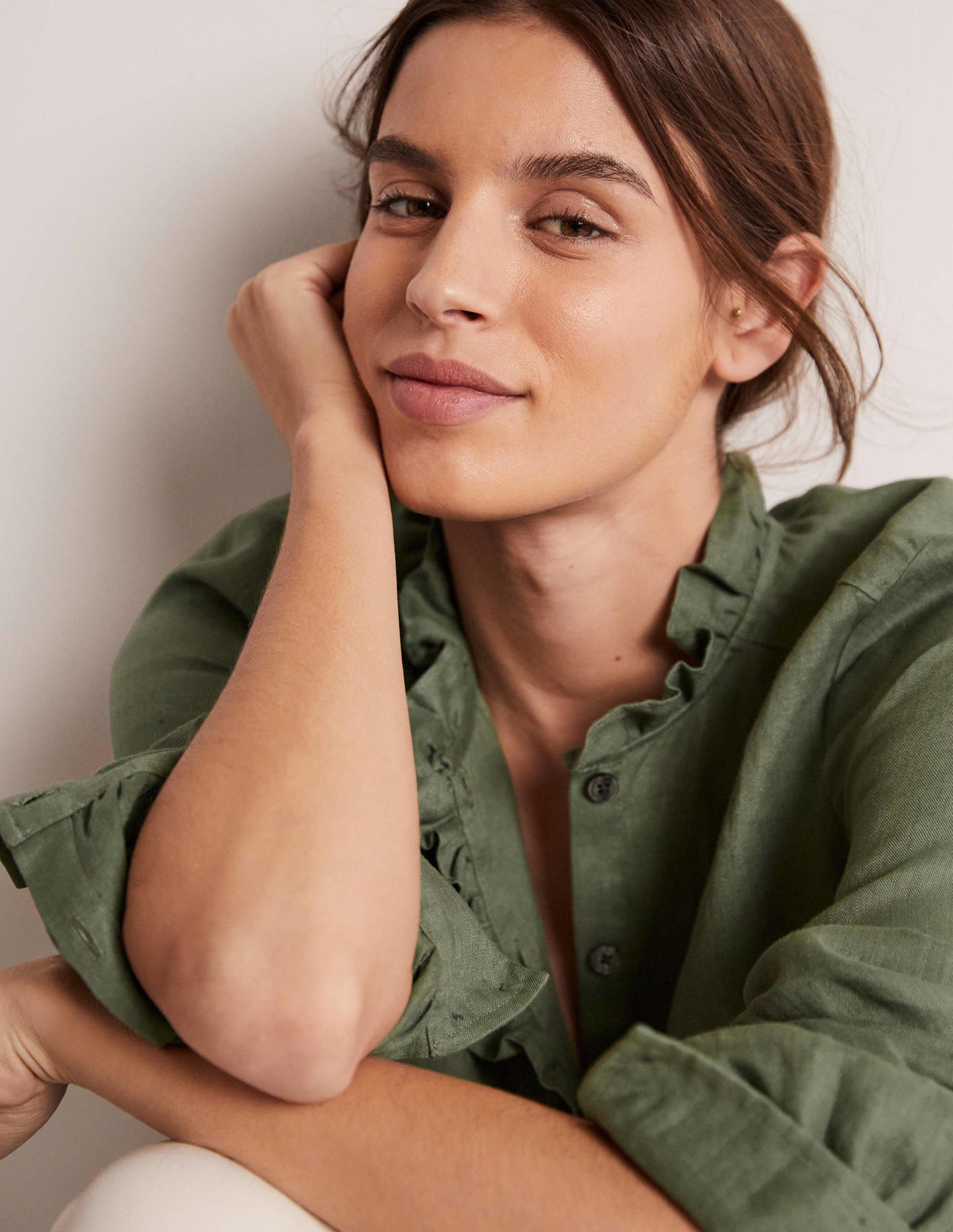 Ruffle Linen Popover Blouse-Alder Green-6
