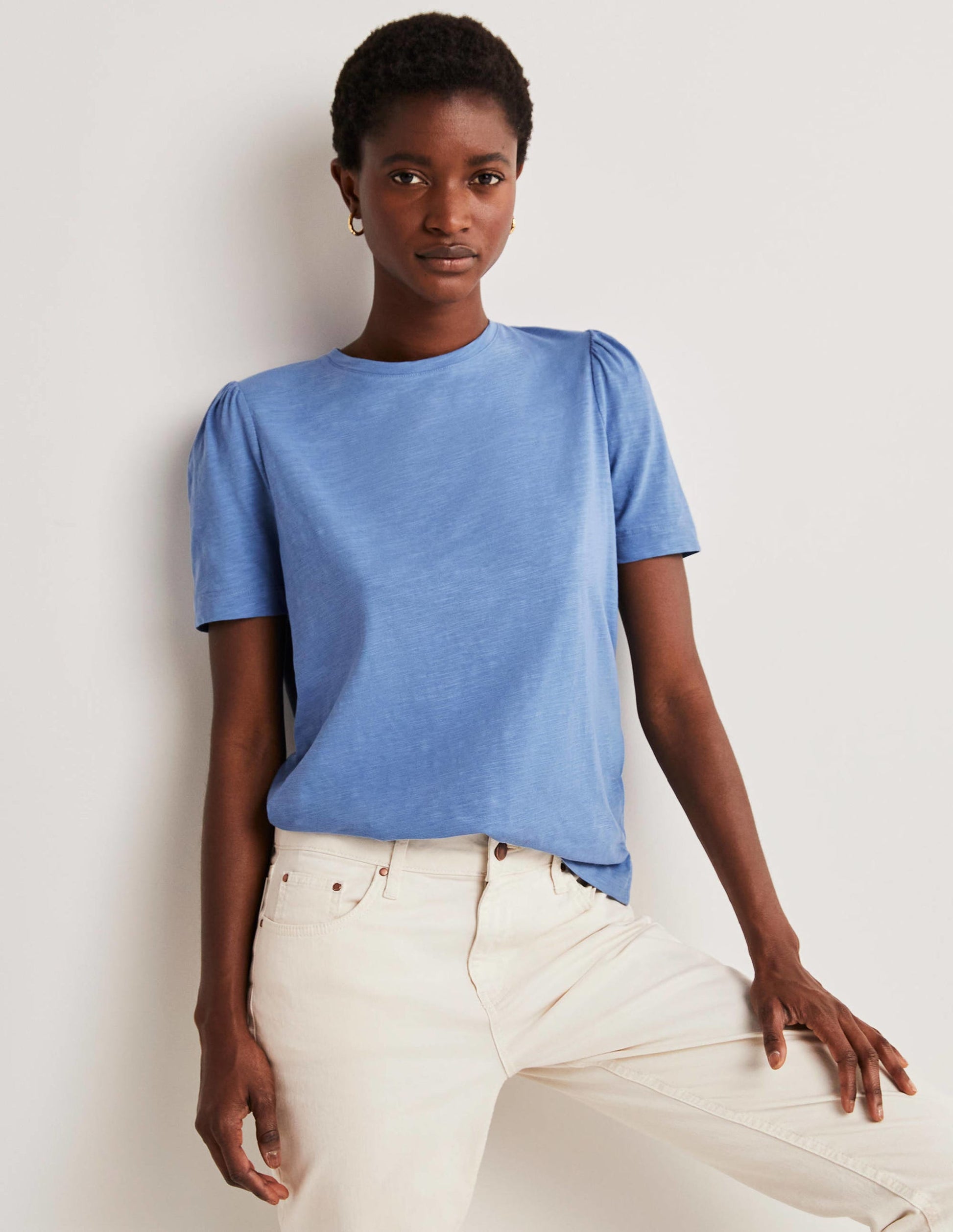 T-Shirt aus Baumwolle mit Puffärmeln-Rivierablau-4