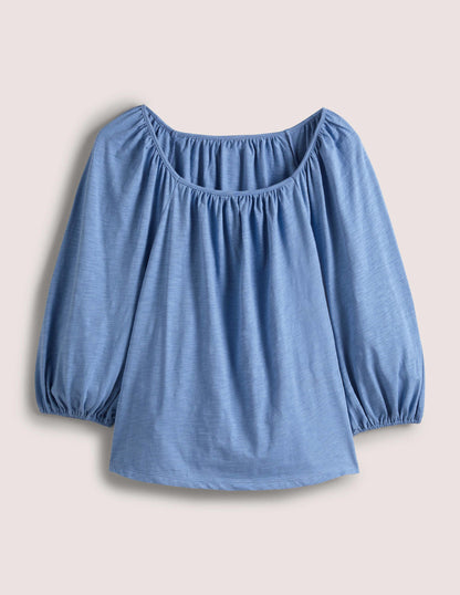 Blouson Sleeve Cotton Top-Riviera Blue-5