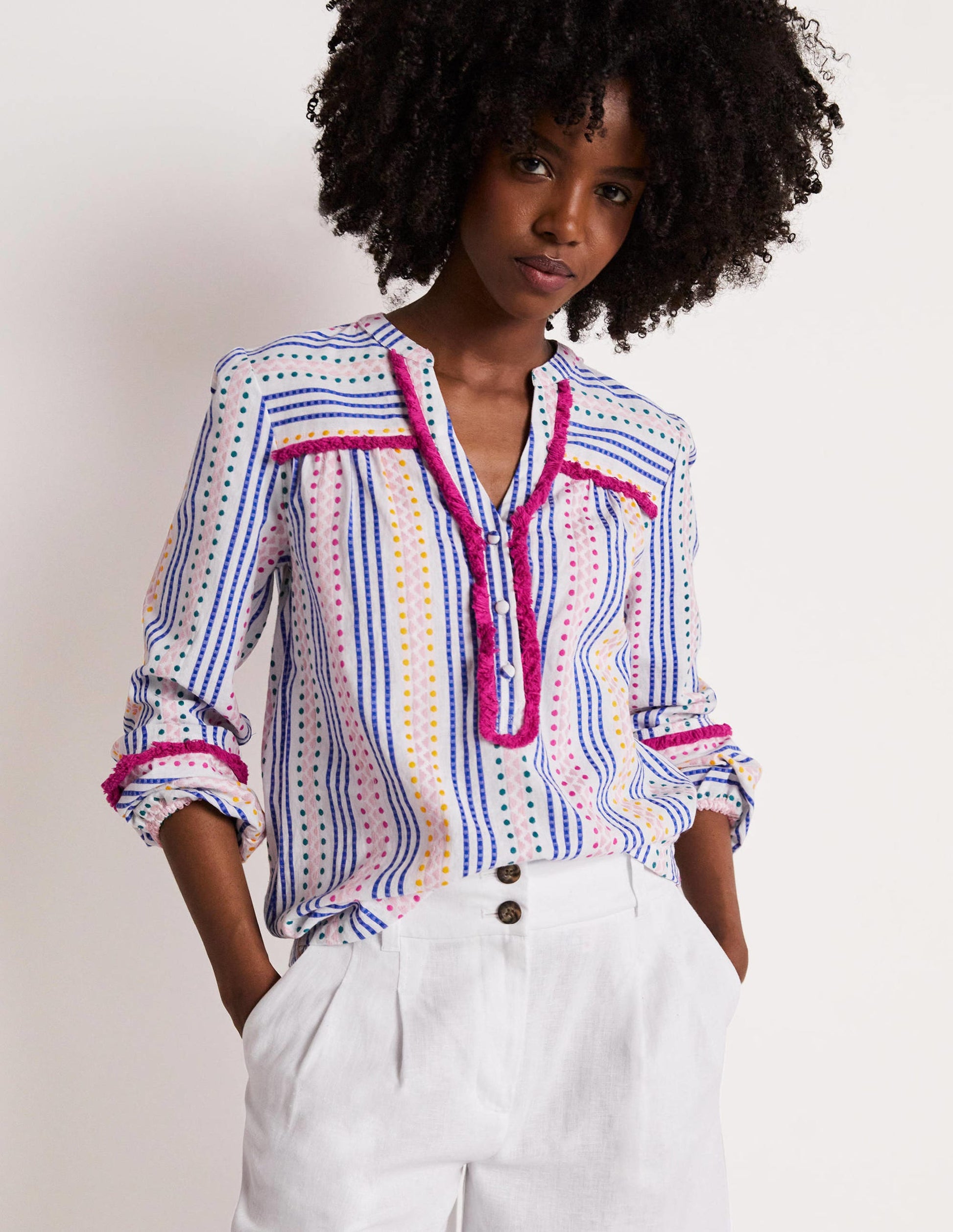 Trim Detail Cotton Top-Multi Dobby Stripe-1