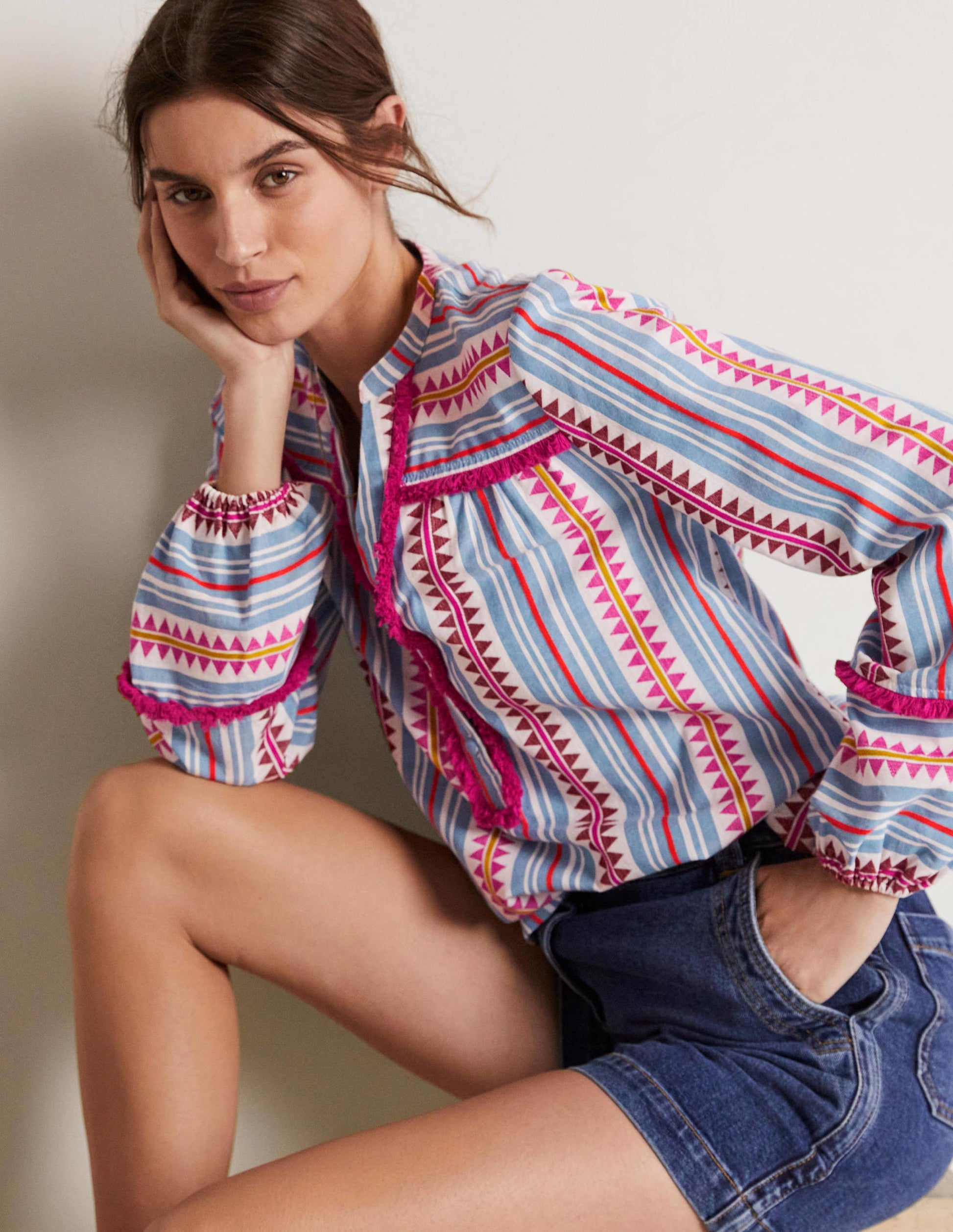 Trim Detail Cotton Top-Flambe and Firecracker Dobby-1