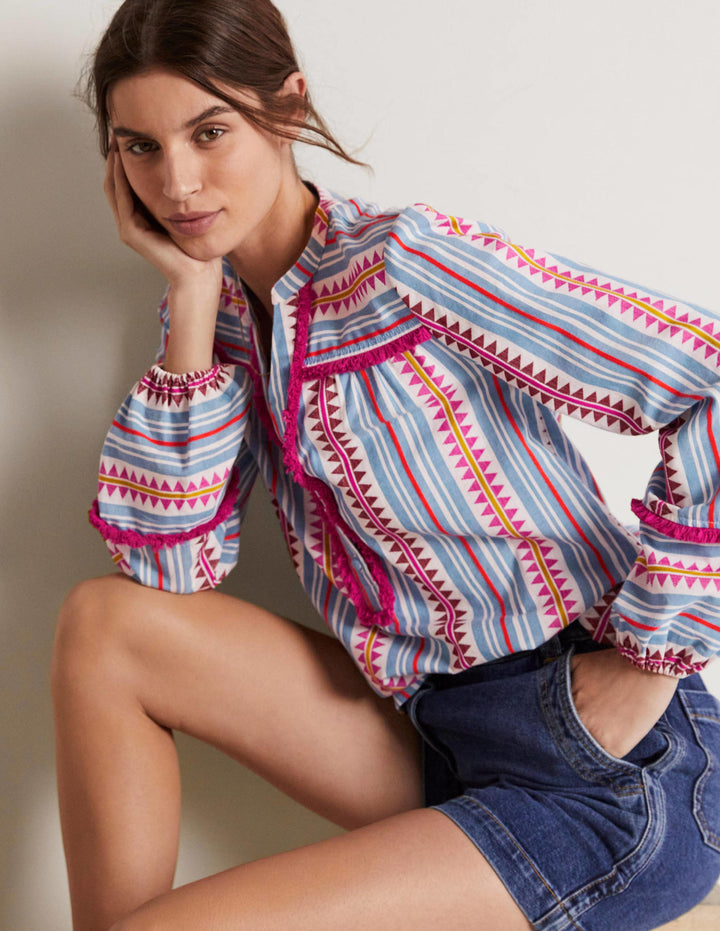 Trim Detail Cotton Top-Flambe and Firecracker Dobby