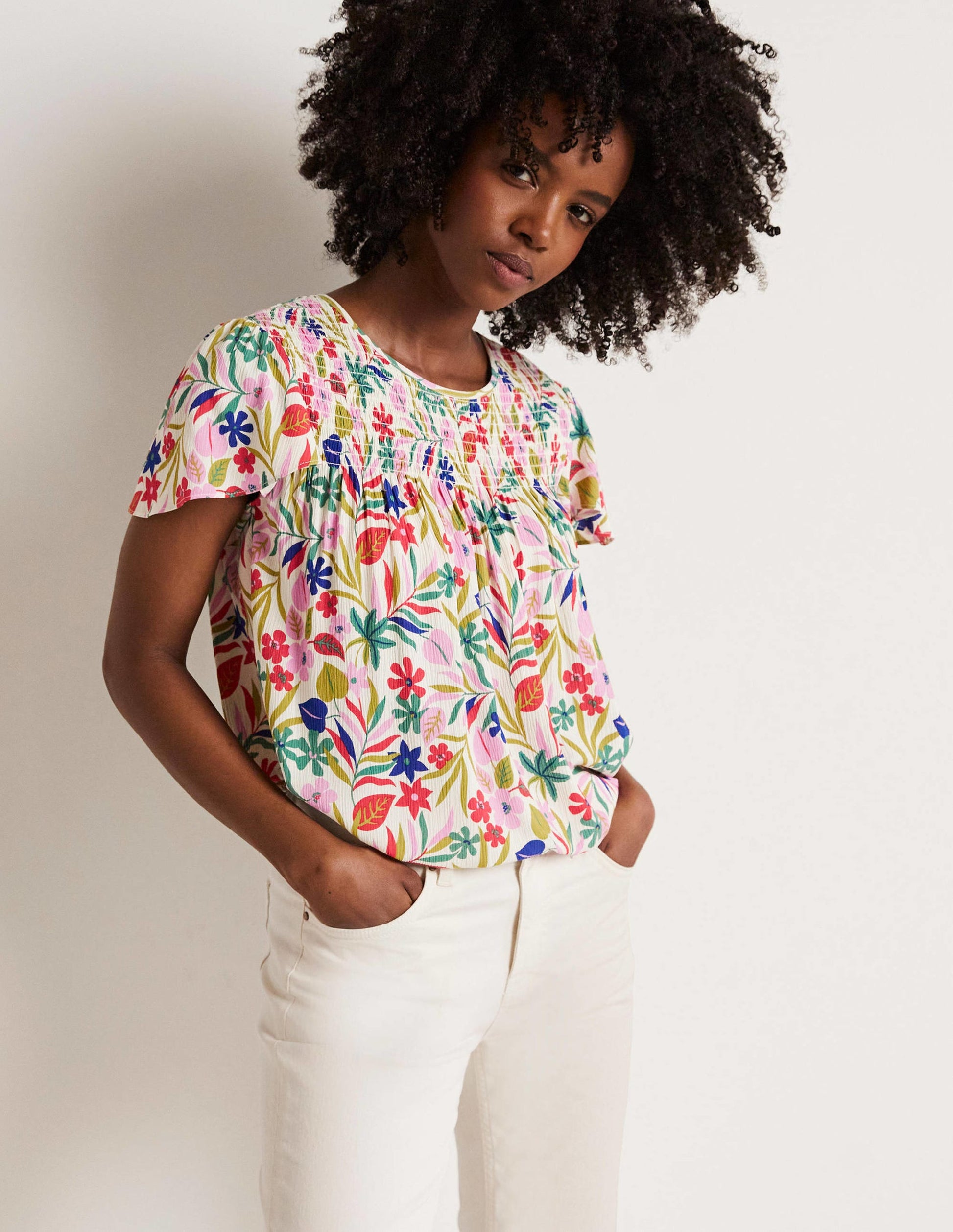 Top Layla imprimé à smocks-Multi, motif Tropic Foliage-1