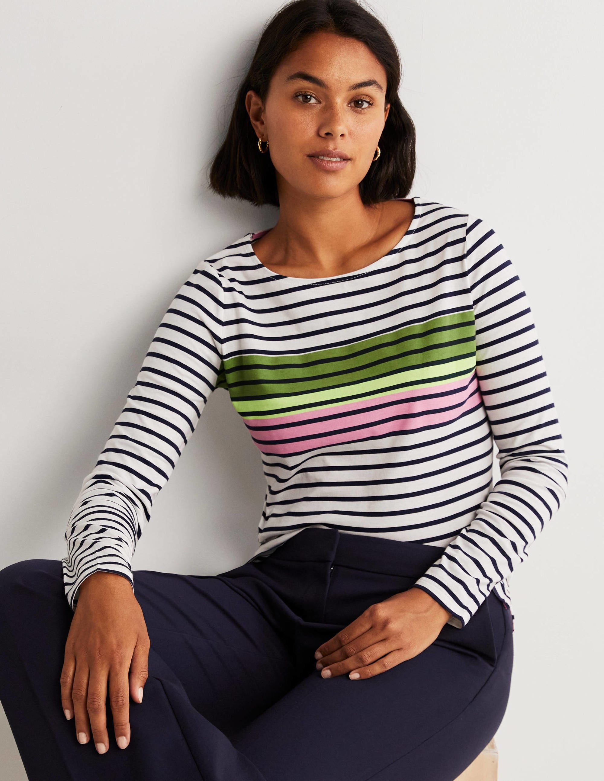 Ella Breton-Shirt mit langen Ärmeln-Grün/Rosa, Placement-Streifen - Image 1