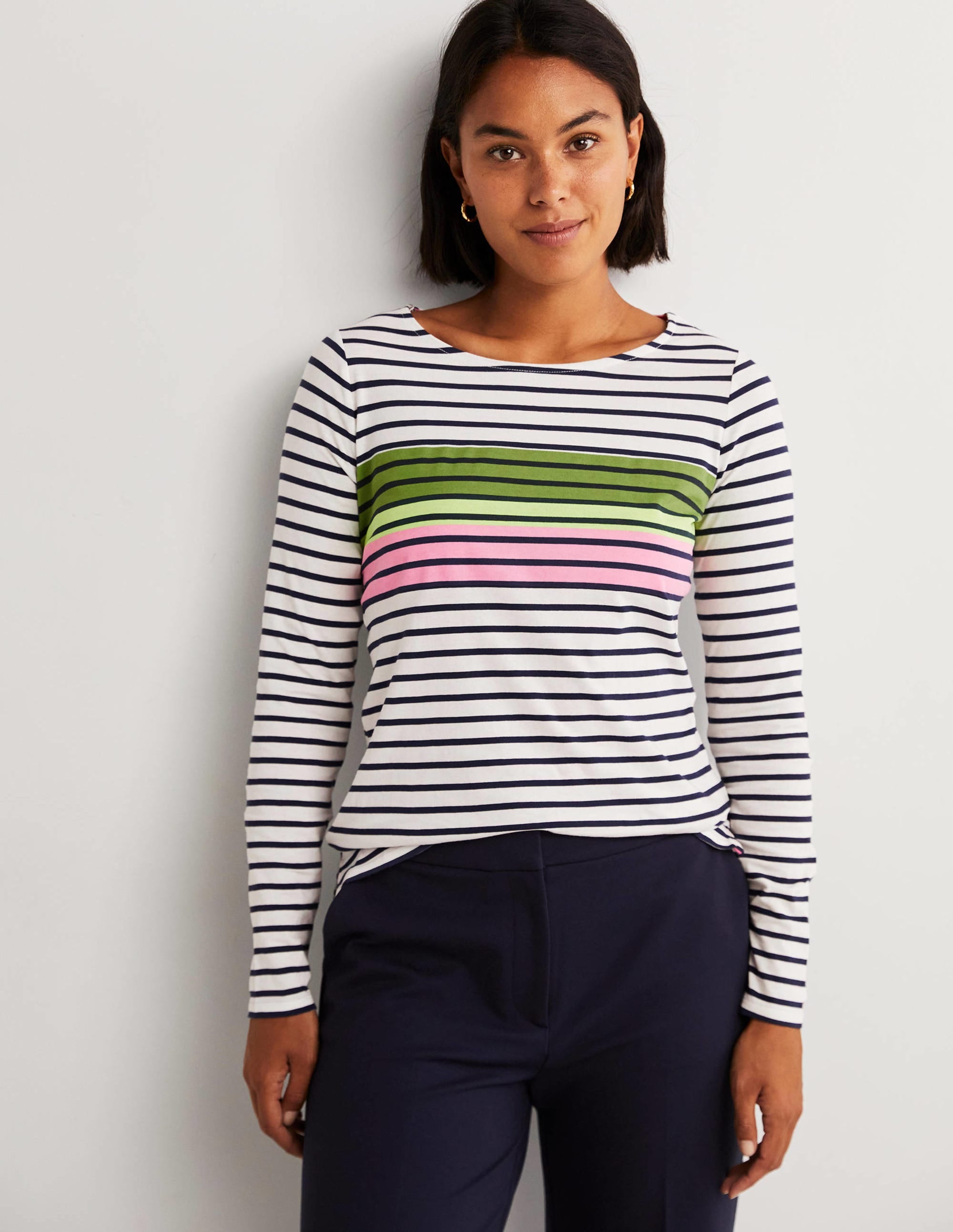 Ella Breton-Shirt mit langen Ärmeln-Grün/Rosa, Placement-Streifen - Image 5