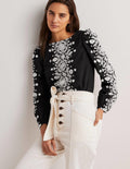 Embroidered Boat Neck Top-Black
