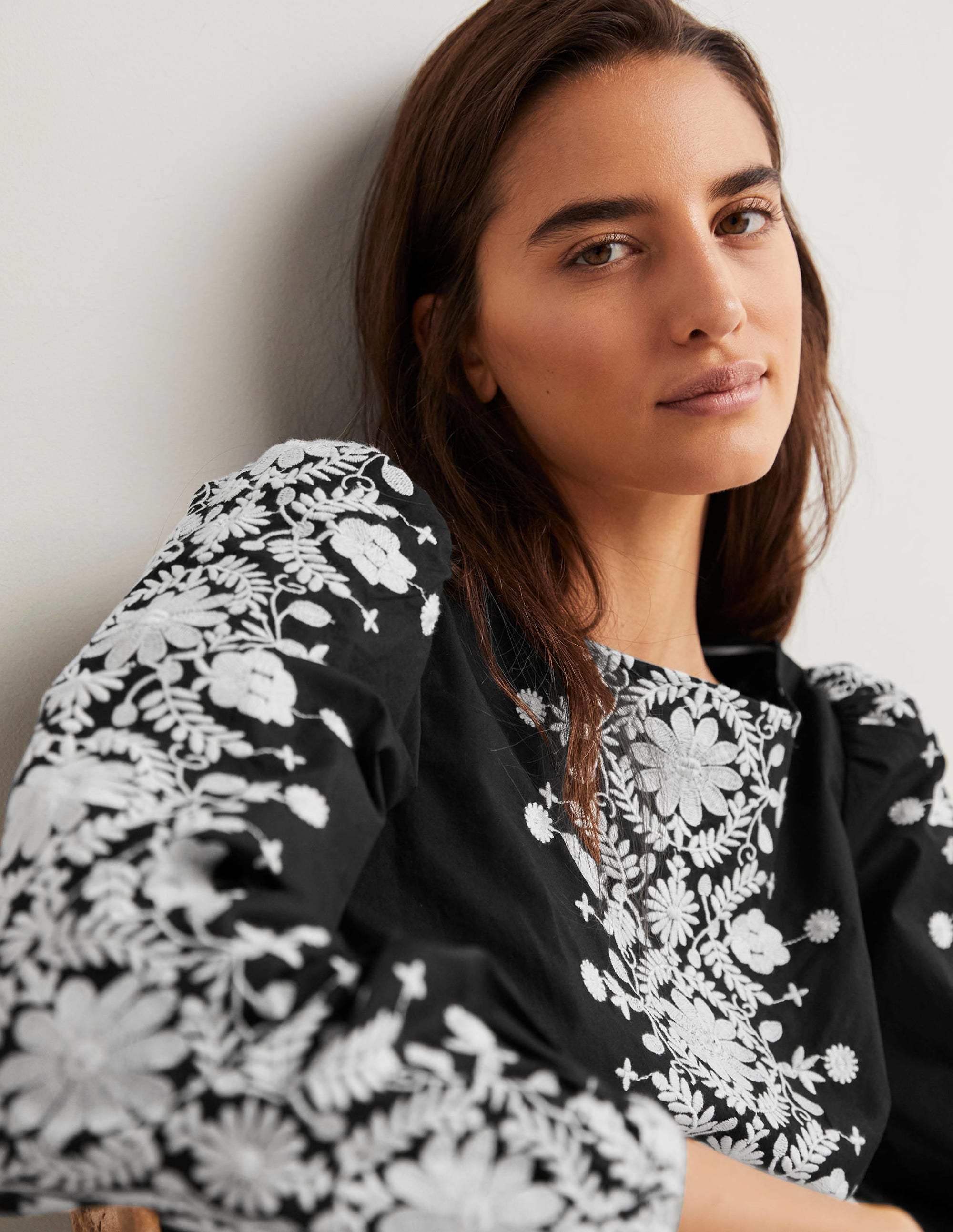 Embroidered Boat Neck Top-Black - Image 4