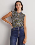 Sleeveless Smocked Top-Black, Abstract Ditsy