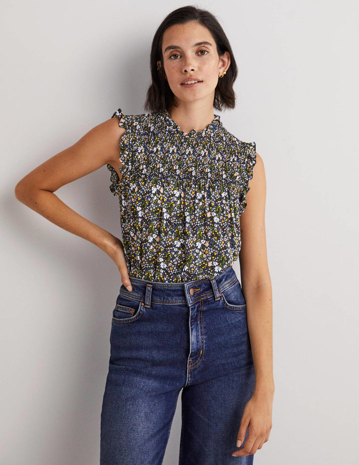 Sleeveless Smocked Top-Black, Abstract Ditsy