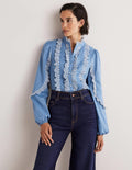 Bluse mit Lockstickerei und Rüschenärmeln-Rivierablau