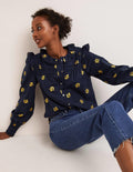 Blouse à détails en crochet-Bleu marine, motif Wild Pansy