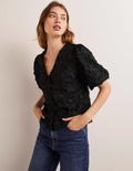 Blouse boutonnée à manches bouffantes-Noir