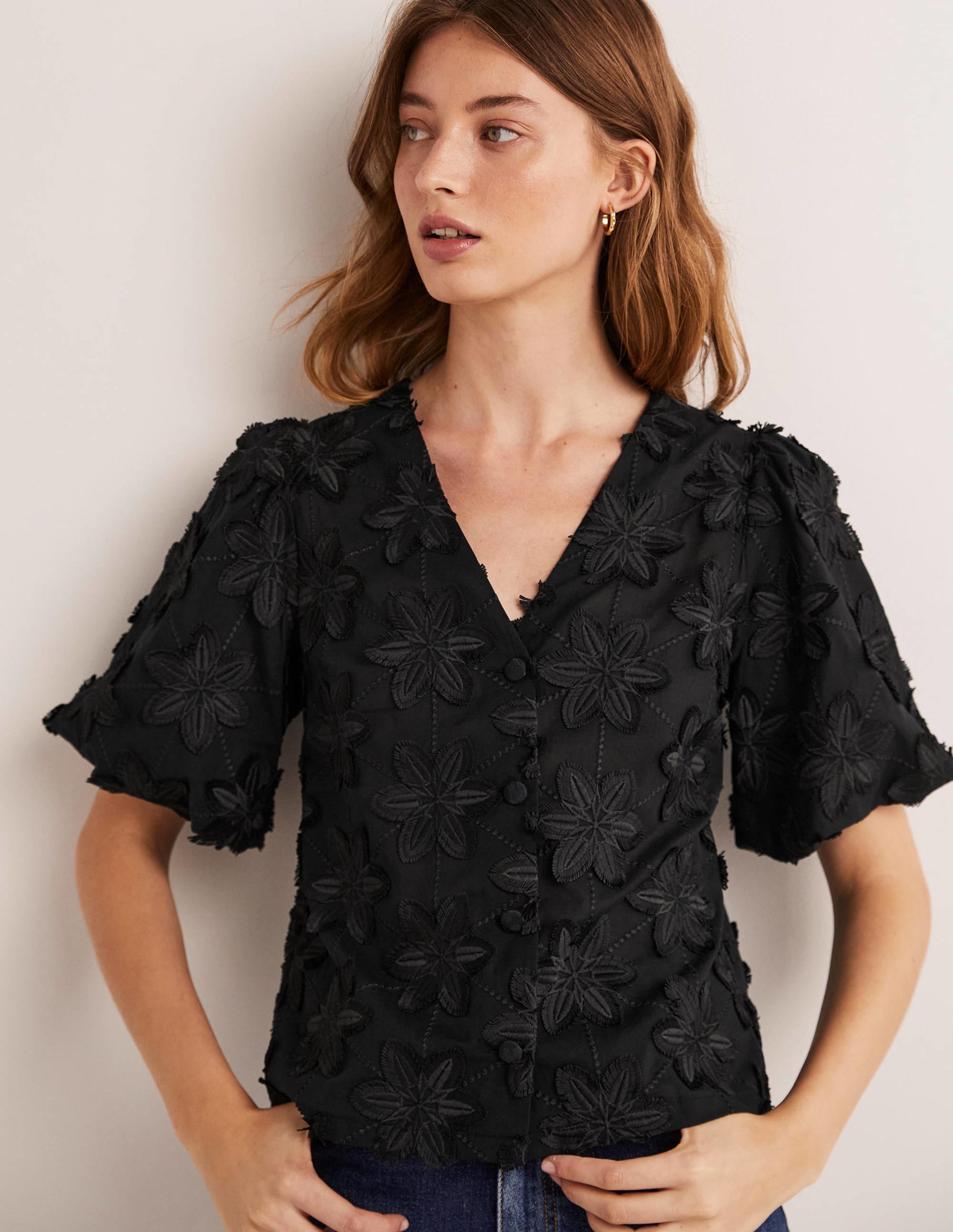Blouse boutonnée à manches bouffantes-Noir - Image 4