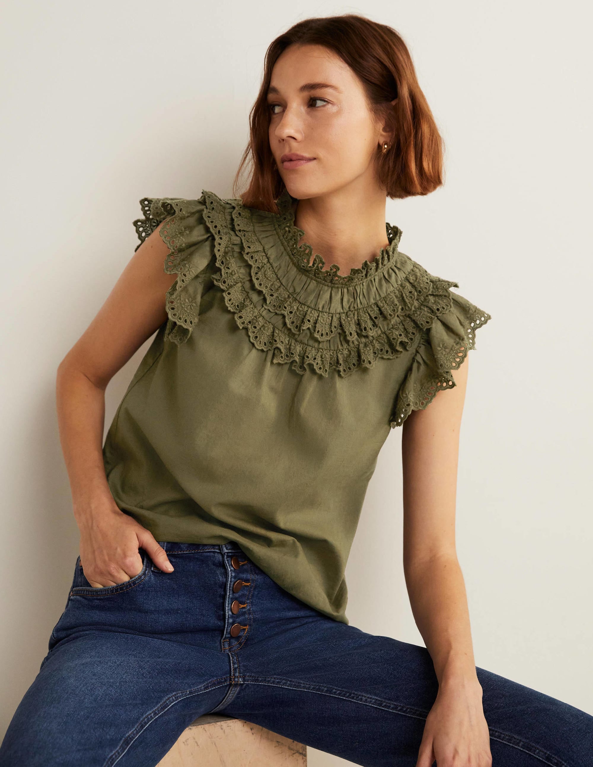 Sleeveless Broderie Top-Basil Green - Image 5