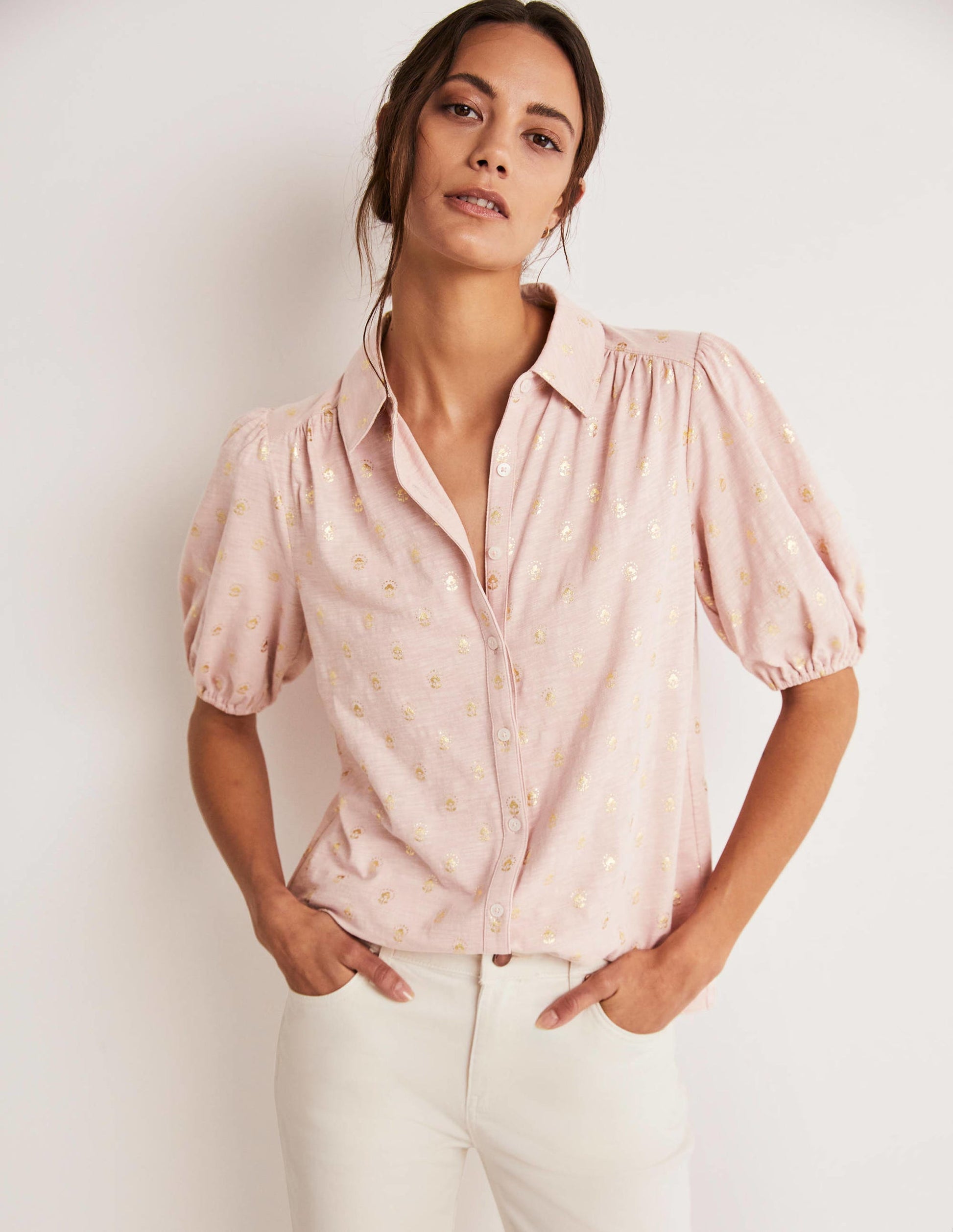 Chemise en jersey à manches bouffantes-Milkshake, motif Botanic Foil Bud-1