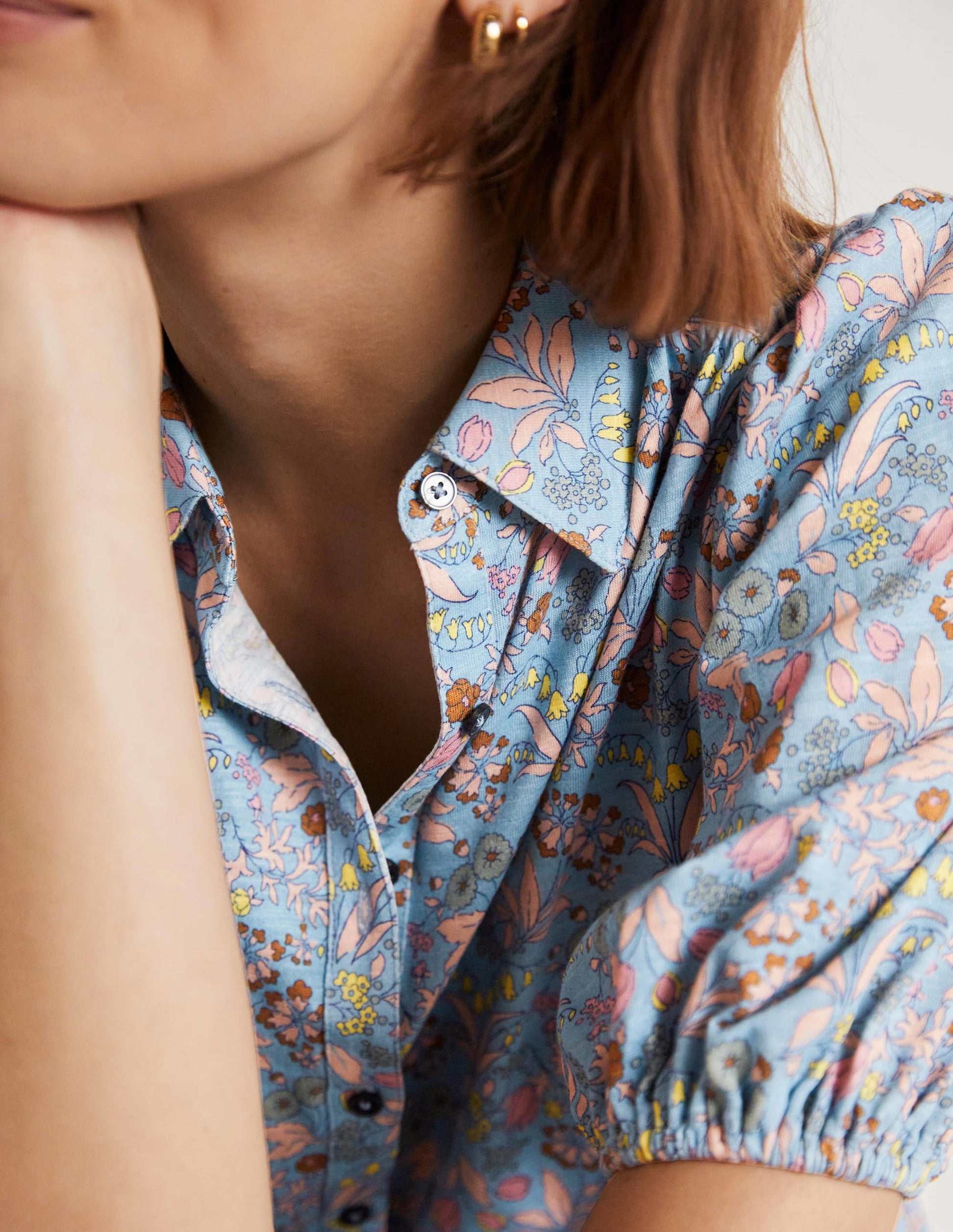 Chemise en jersey à manches bouffantes-Bleu ancien, fleur sauvage-6