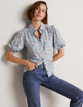 Chemise en jersey à manches bouffantes-Bleu ancien, fleur sauvage
