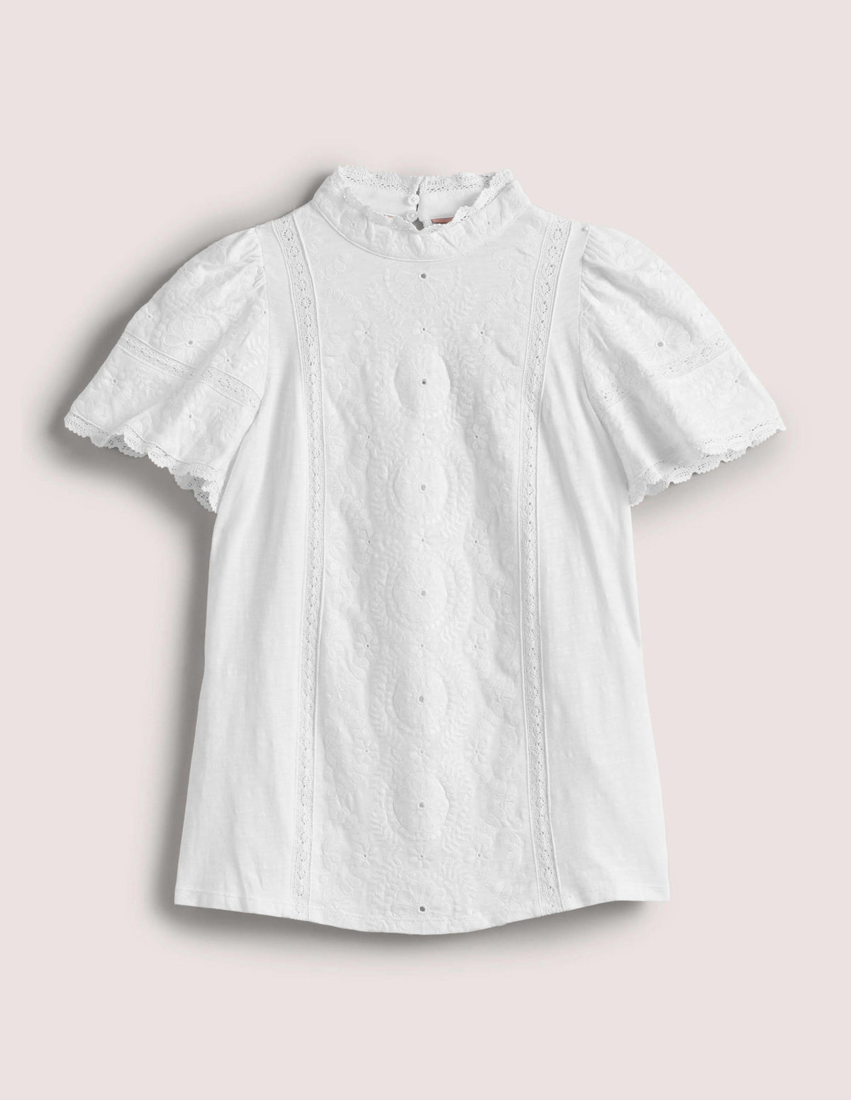 Broderie High Neck Jersey Top-White - Image 5