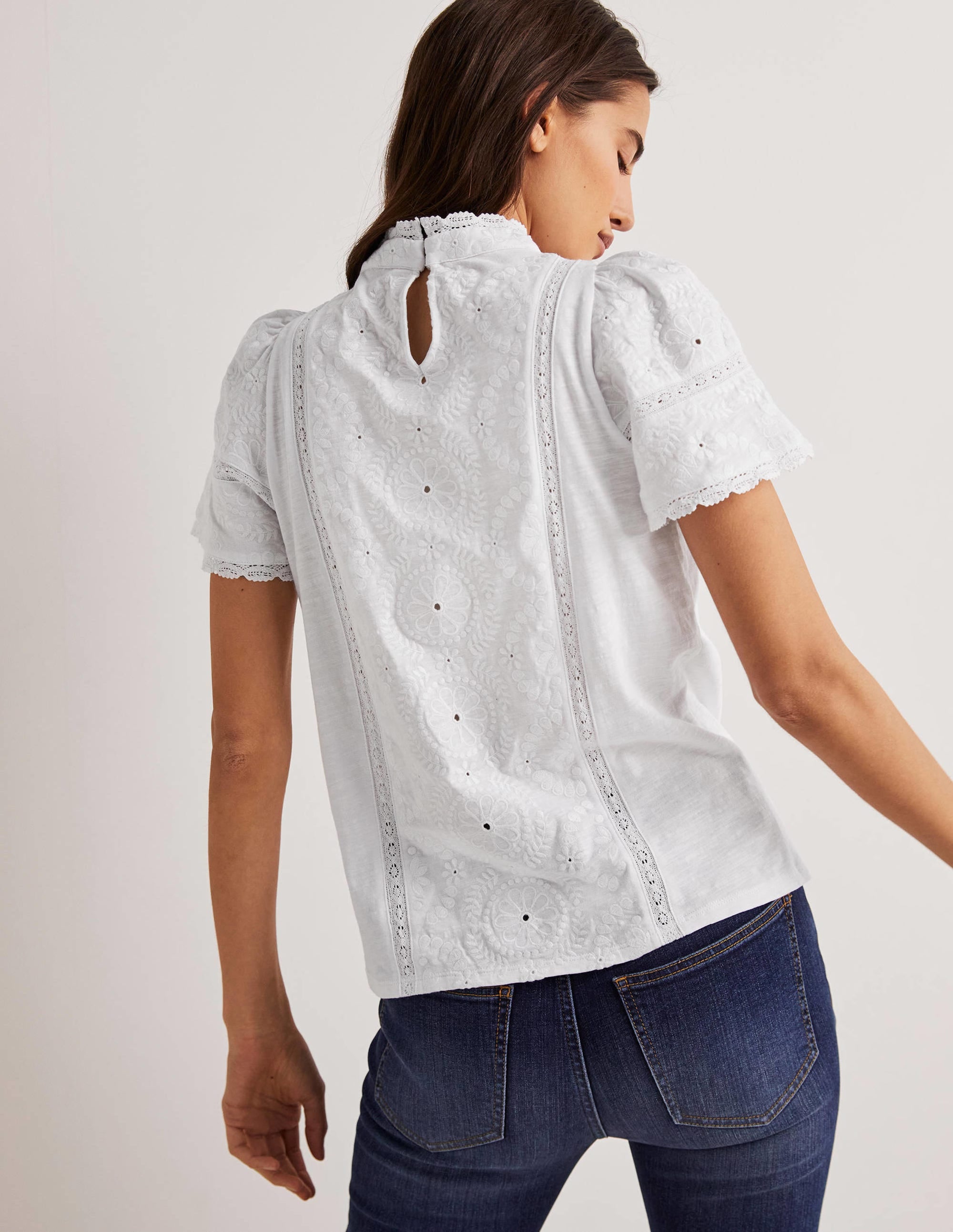 Broderie High Neck Jersey Top-White - Image 3