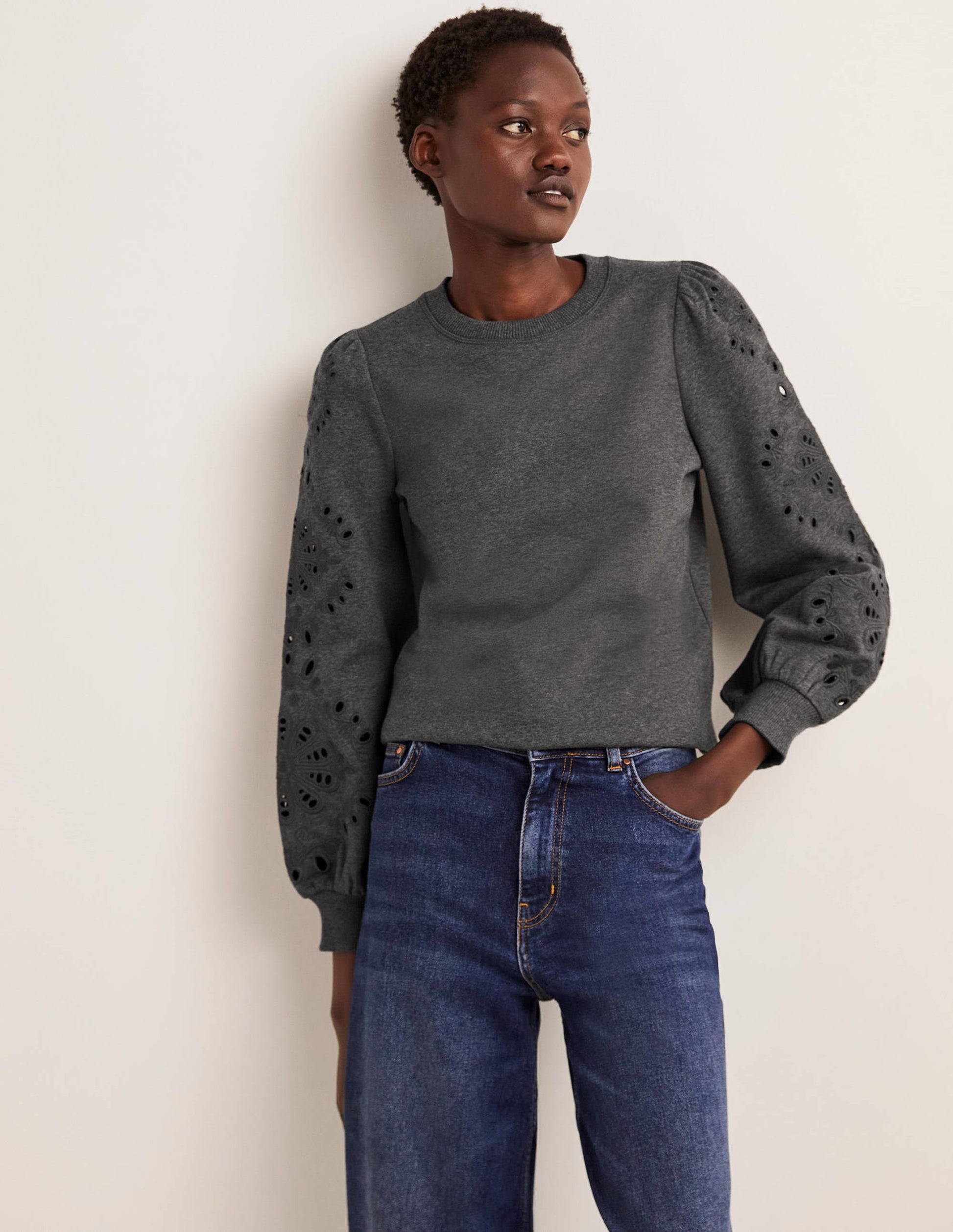 Sweat à manches blousantes-Anthracite chiné-1