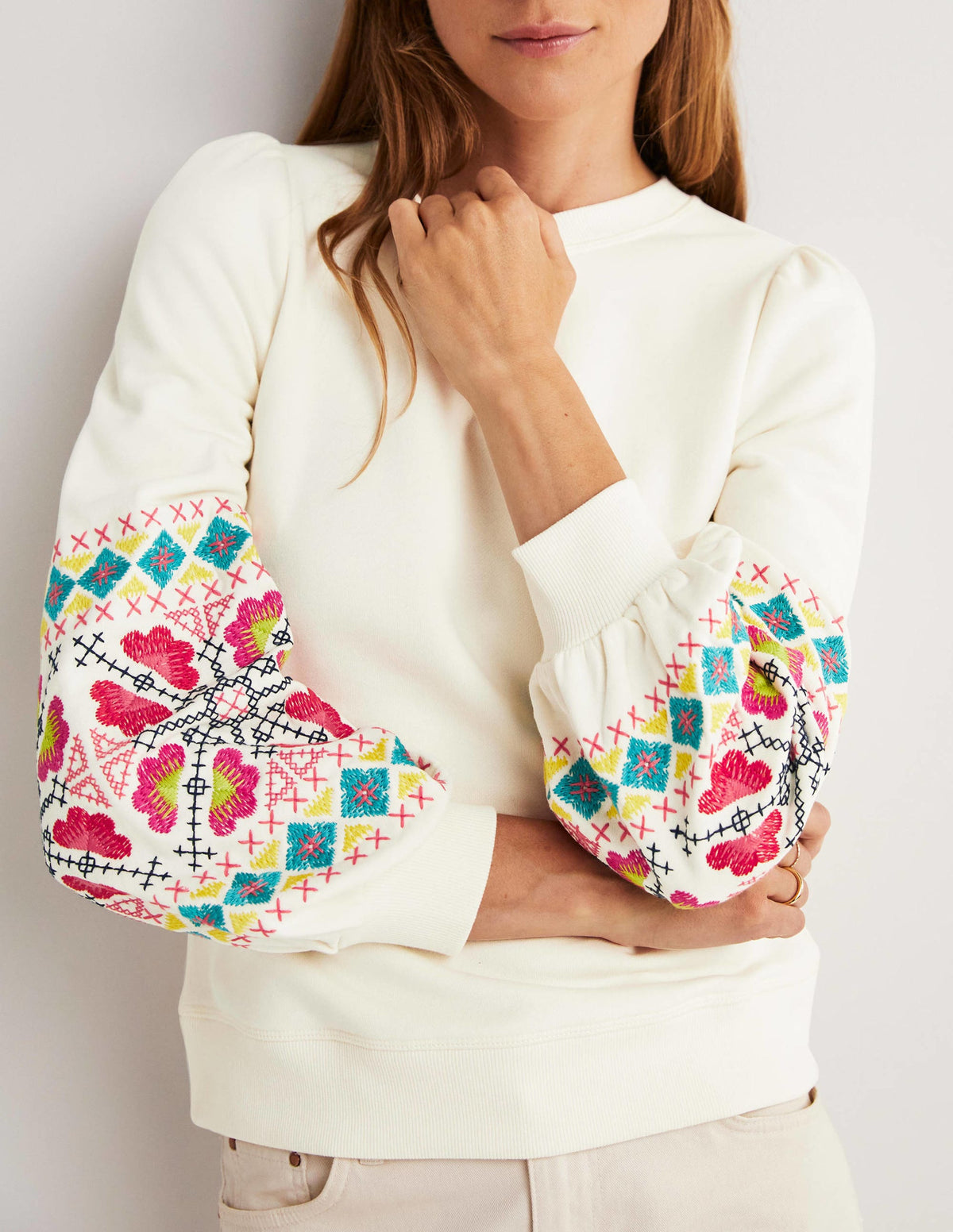 Sweatshirt mit Blousonärmeln-Naturweiß/Bunt, Stickerei-4