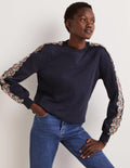 Scallop Detail Sweatshirt-French Navy, Abstract Ditsy