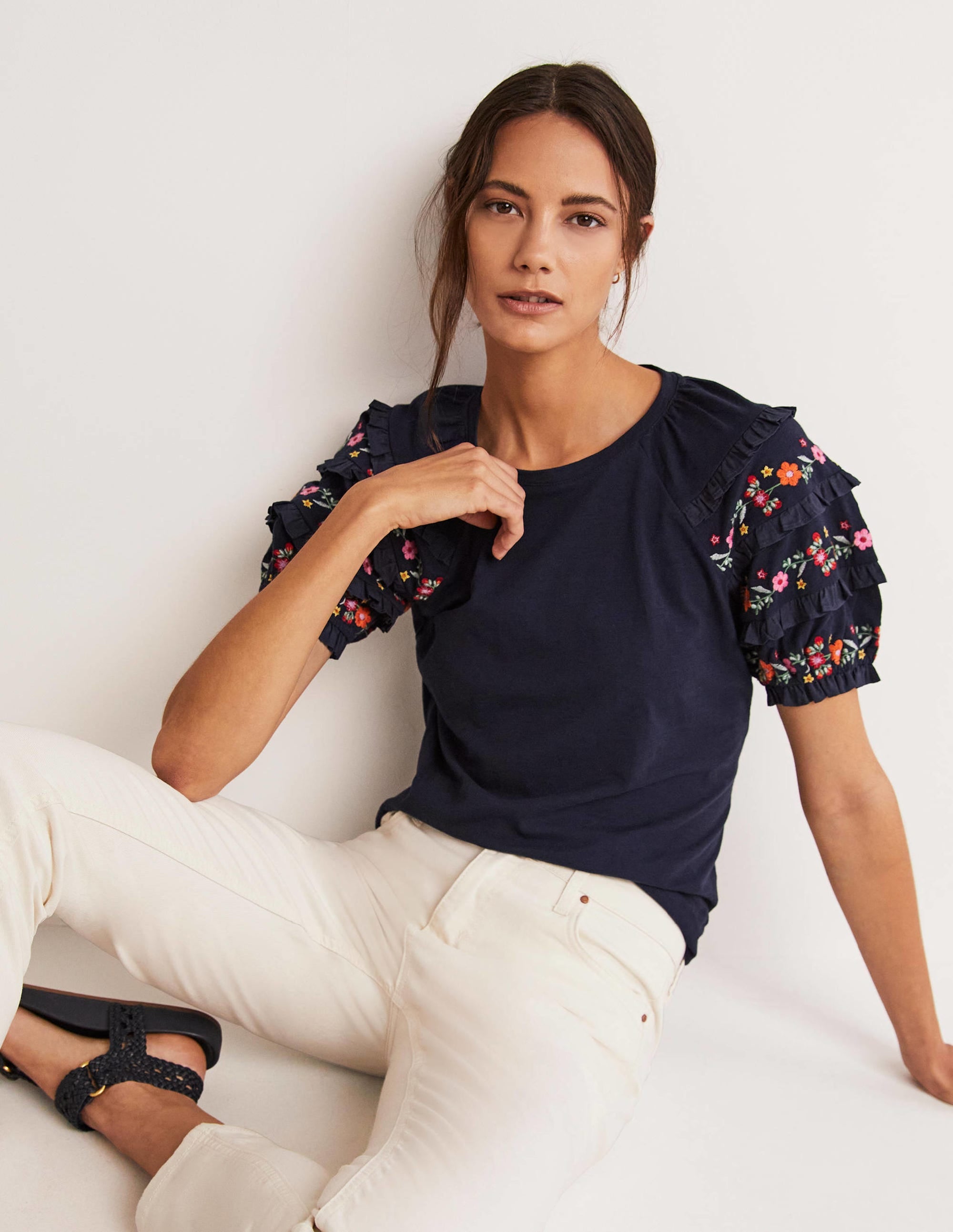 Embroidered Sleeve Jersey Top-Navy - Image 5