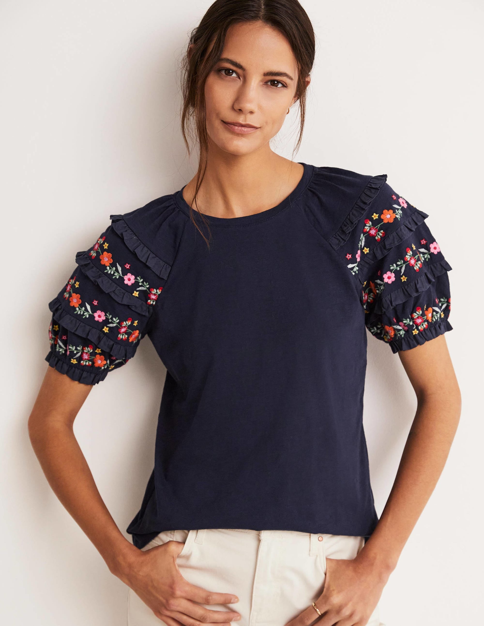 Embroidered Sleeve Jersey Top-Navy - Image 8