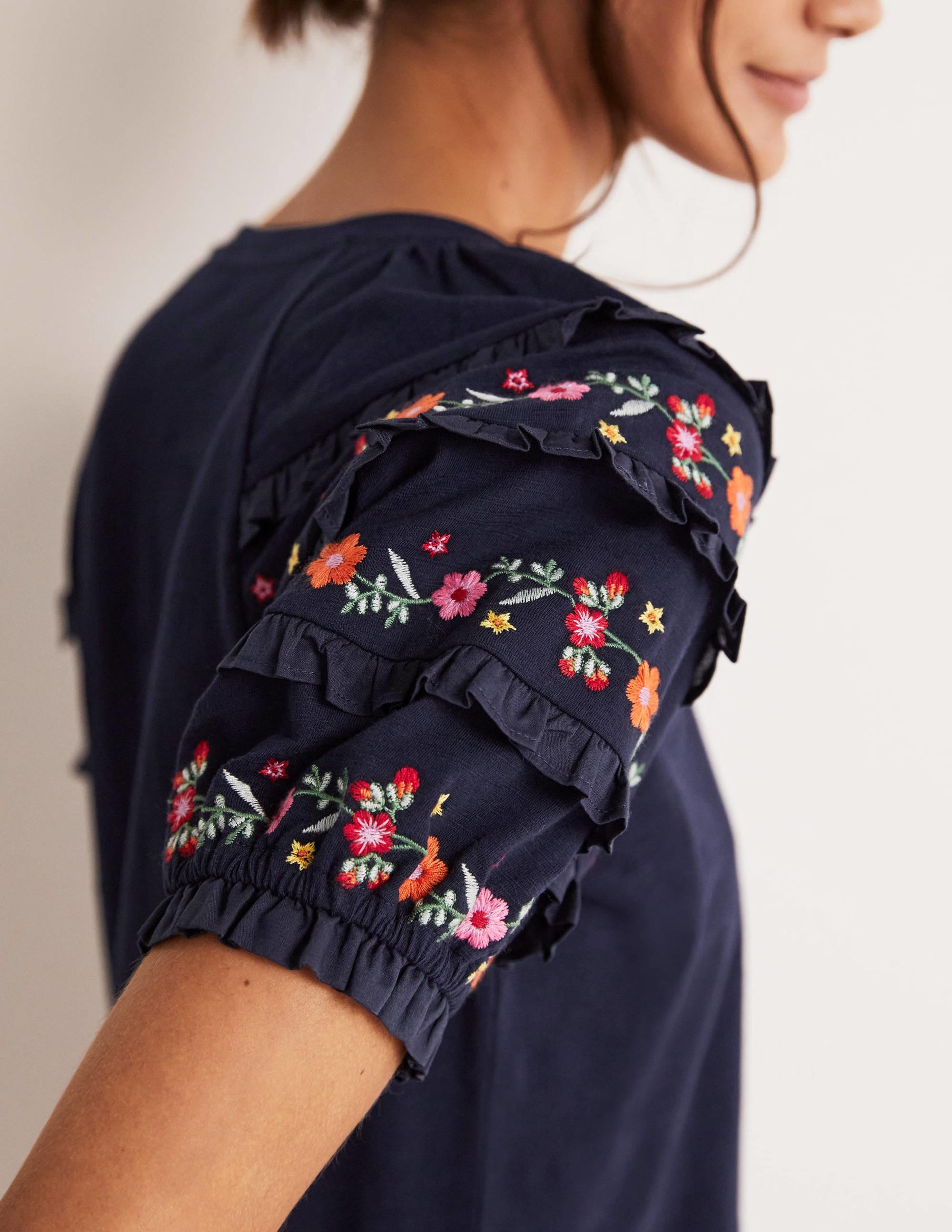 Embroidered Sleeve Jersey Top-Navy - Image 2